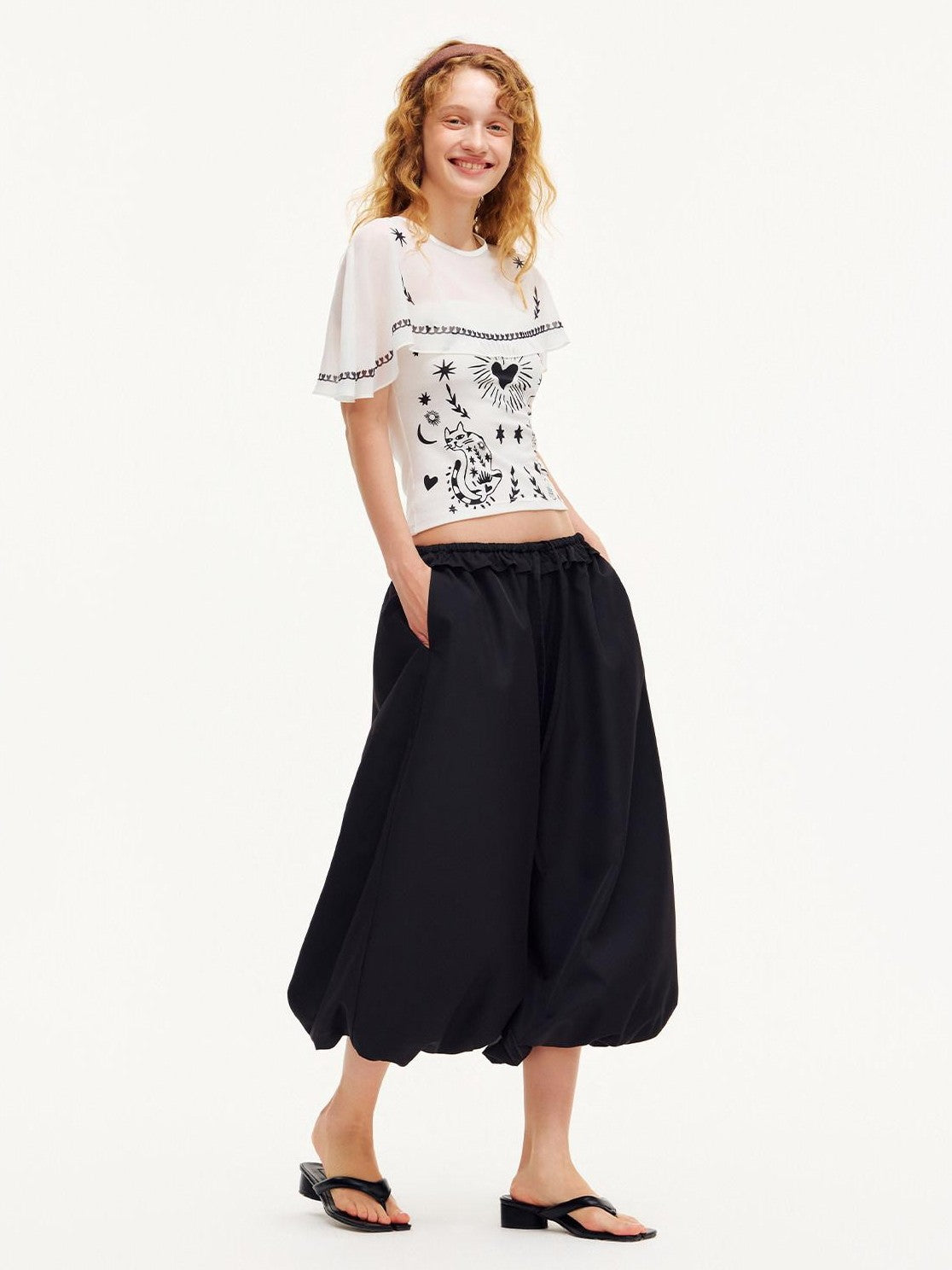 OuttheBlue Black Ruffle Waist Airy Cropped Lantern Women&