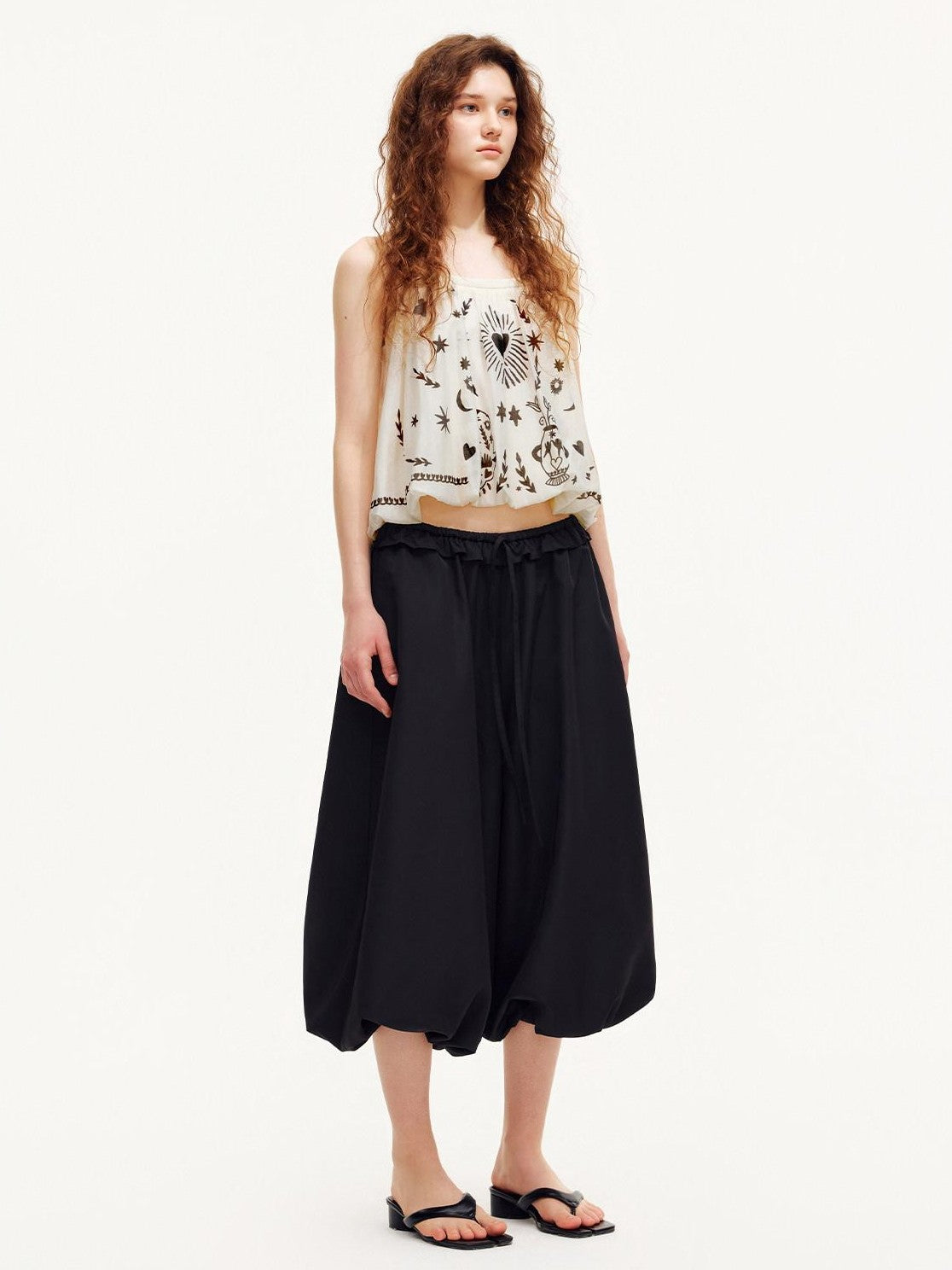 OuttheBlue Black Ruffle Waist Airy Cropped Lantern Women&