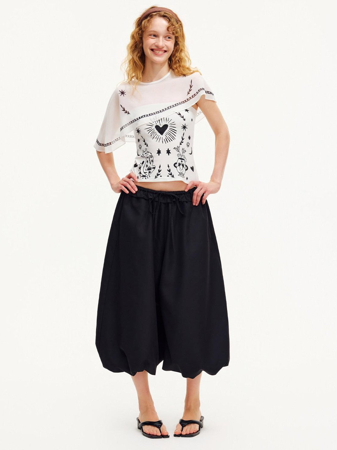 OuttheBlue Black Ruffle Waist Airy Cropped Lantern Women&