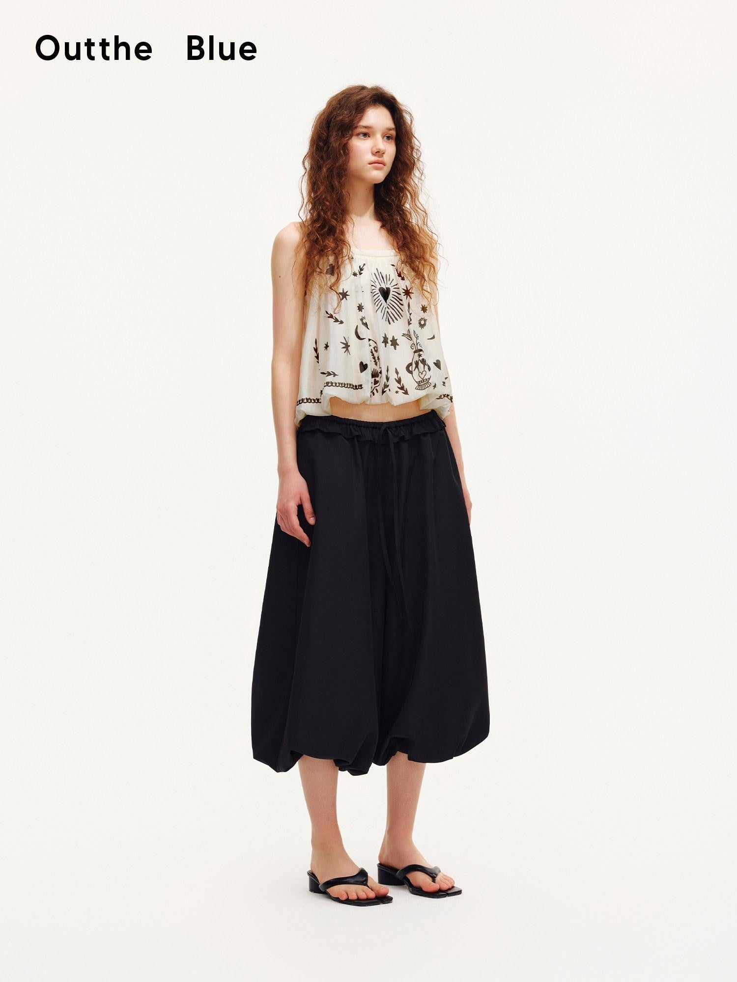 OuttheBlue Black Ruffle Waist Airy Cropped Lantern Women&