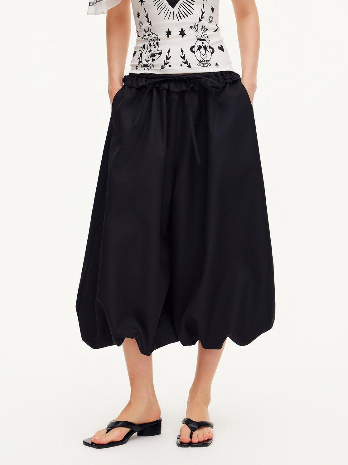 OuttheBlue Black Ruffle Waist Airy Cropped Lantern Women&