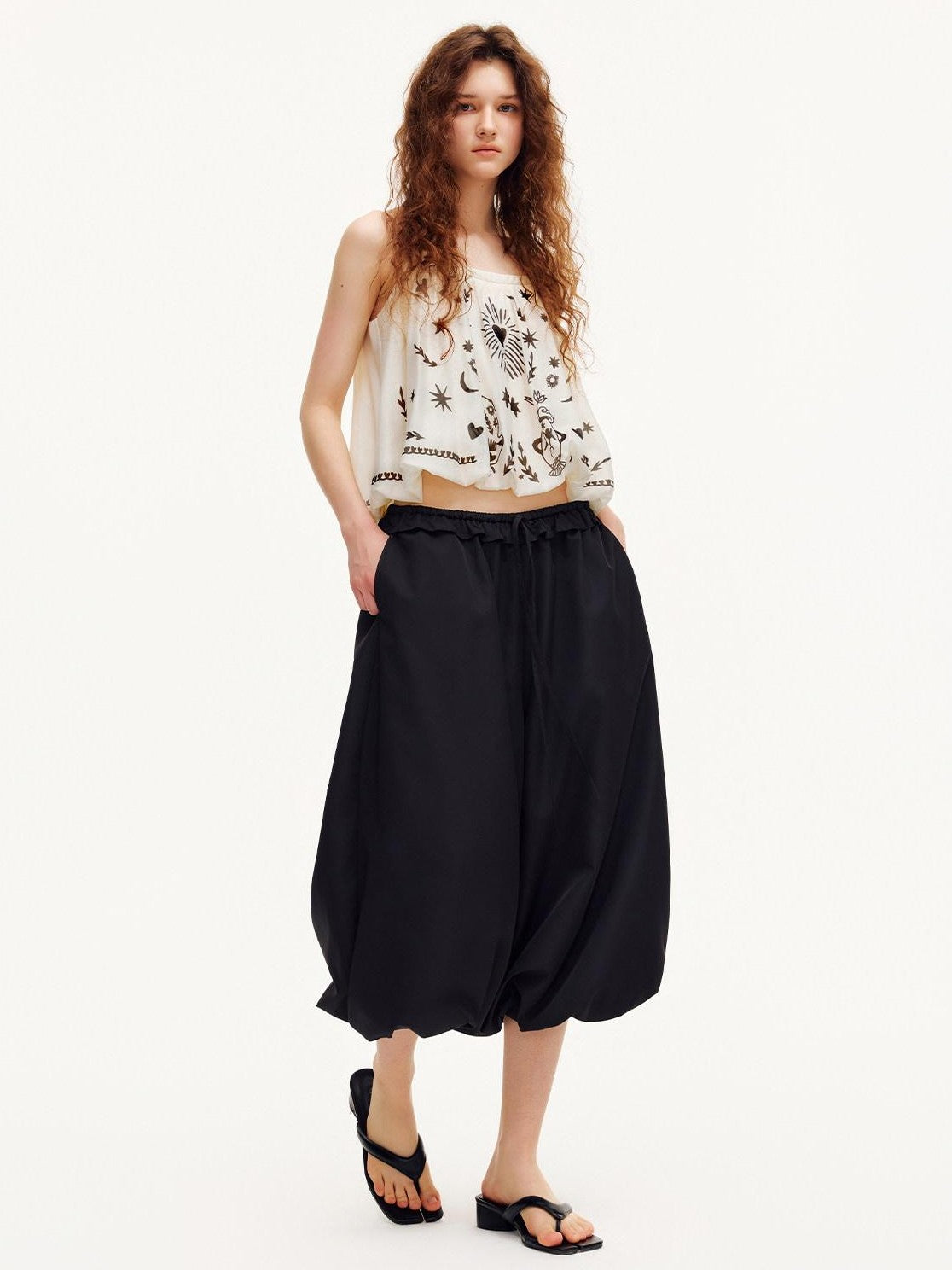 OuttheBlue Black Ruffle Waist Airy Cropped Lantern Women&