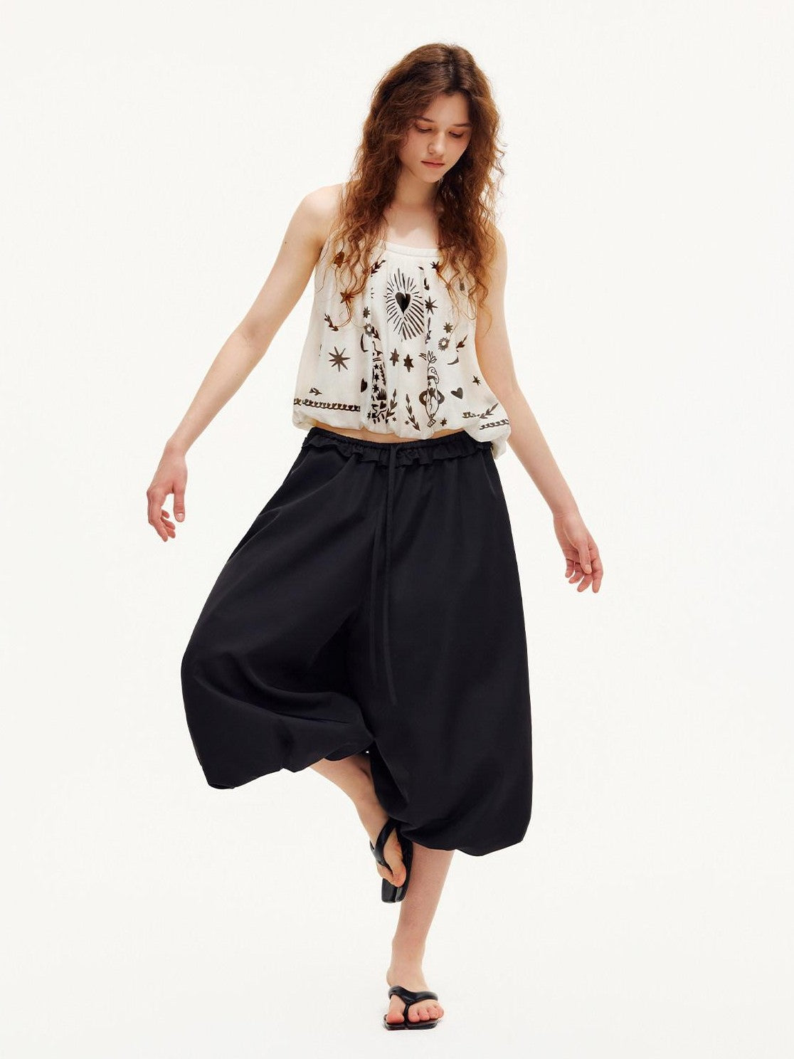 OuttheBlue Black Ruffle Waist Airy Cropped Lantern Women&