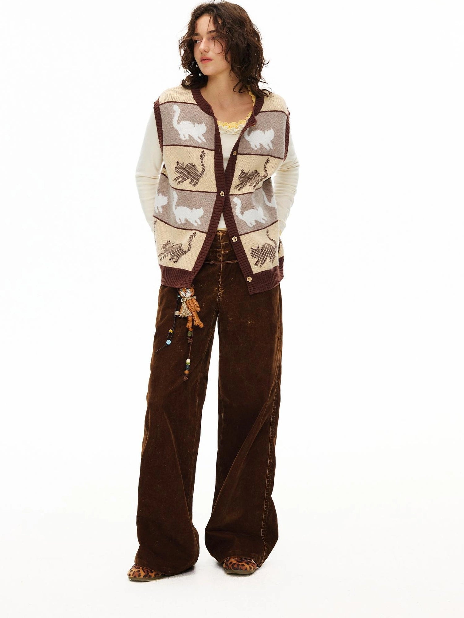 OuttheBlue Blue Cat Waltz Knit Vest V-neck T-shirt Long Sleeve