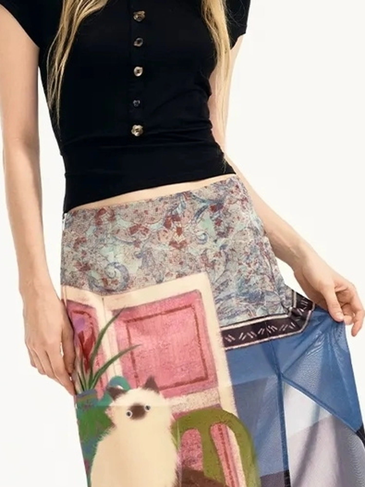 OuttheBlue Blue Mural Cat Print Split Maxi Skirt