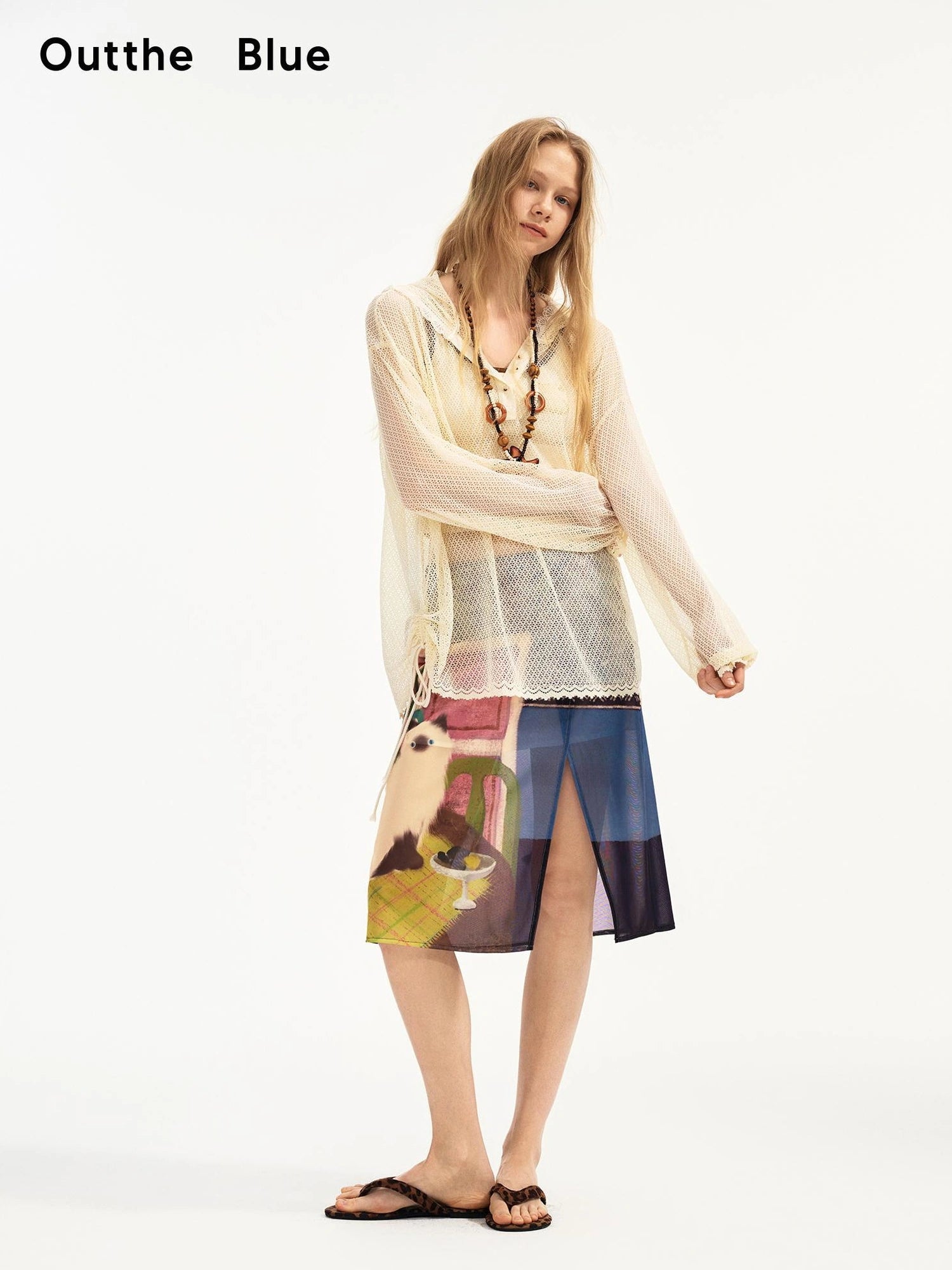 OuttheBlue Blue Mural Cat Print Split Maxi Skirt