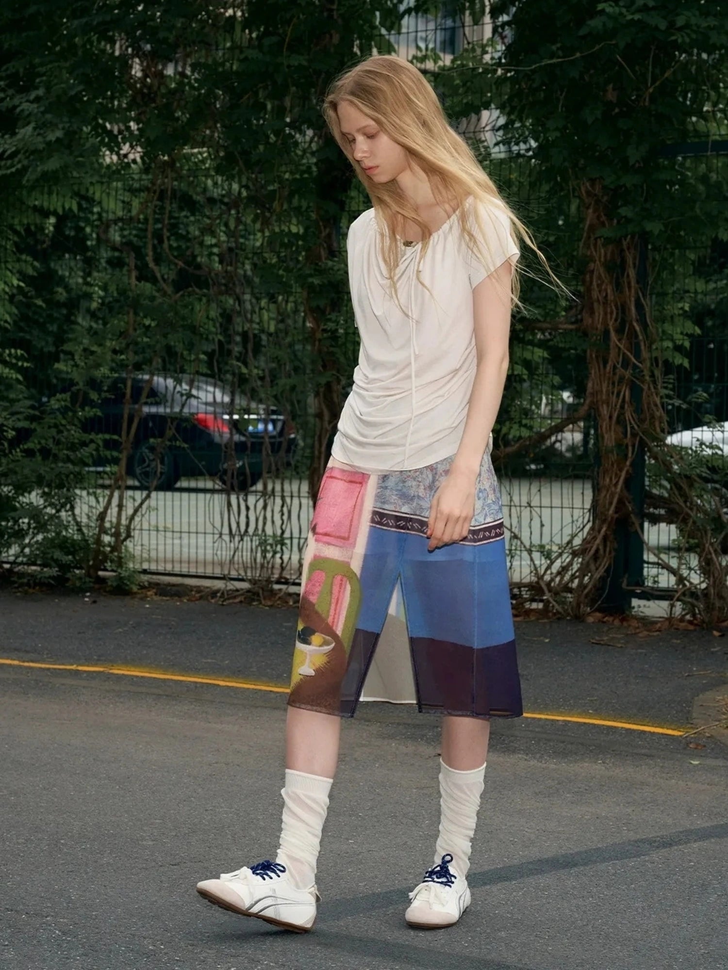 OuttheBlue Blue Mural Cat Print Split Maxi Skirt