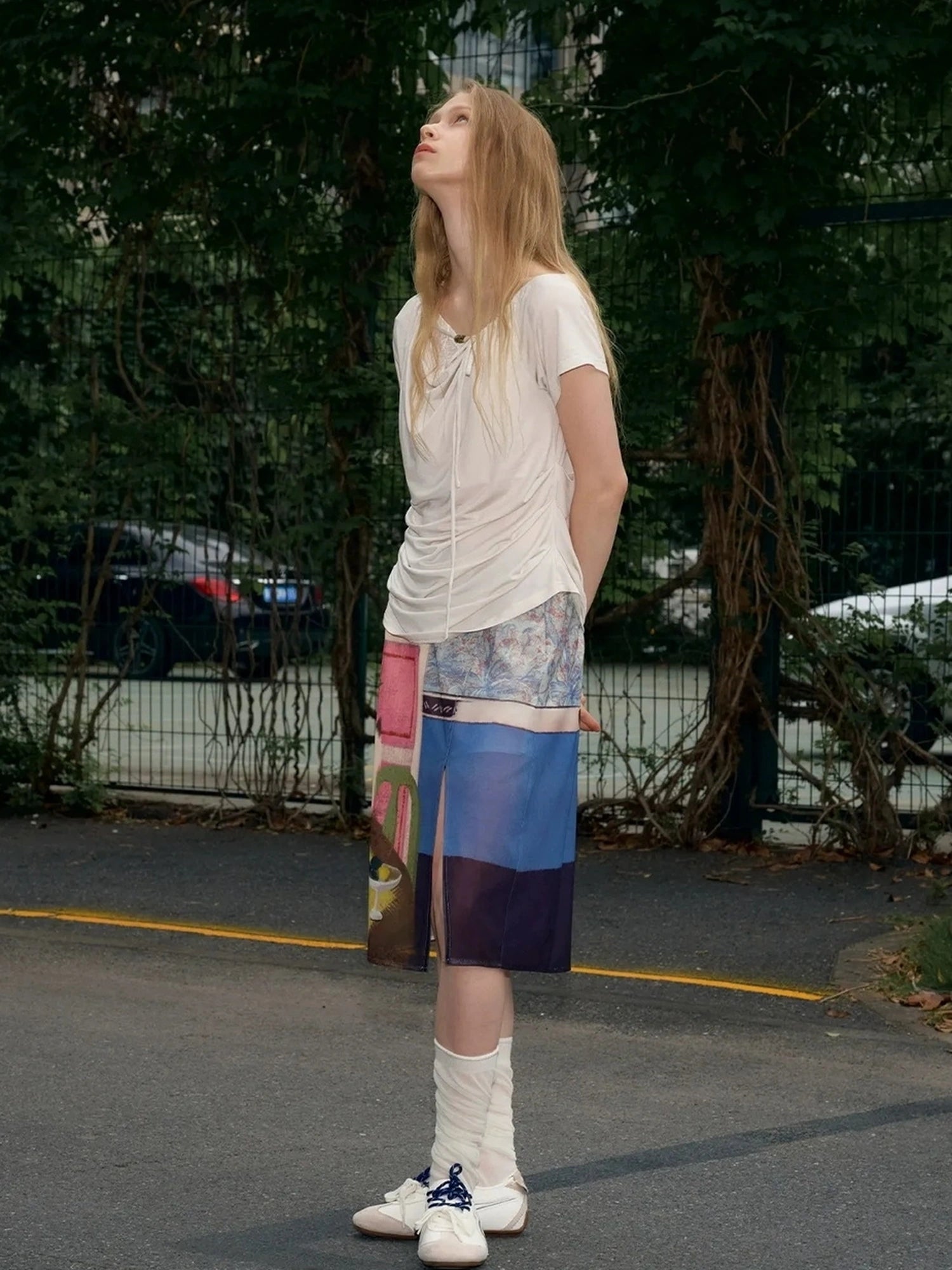 OuttheBlue Blue Mural Cat Print Split Maxi Skirt