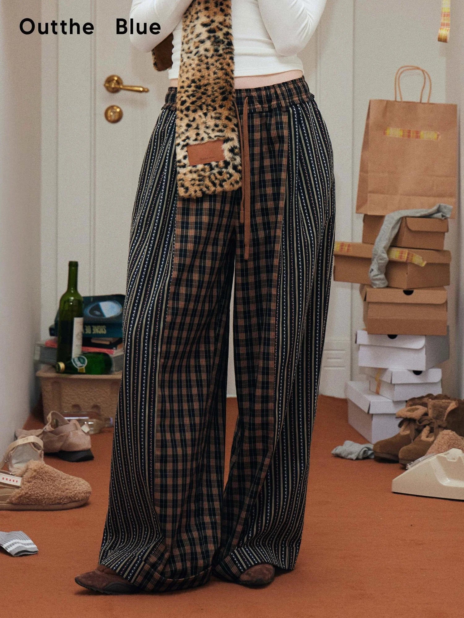 OuttheBlue Blue Stripe Check Wide Leg Pants