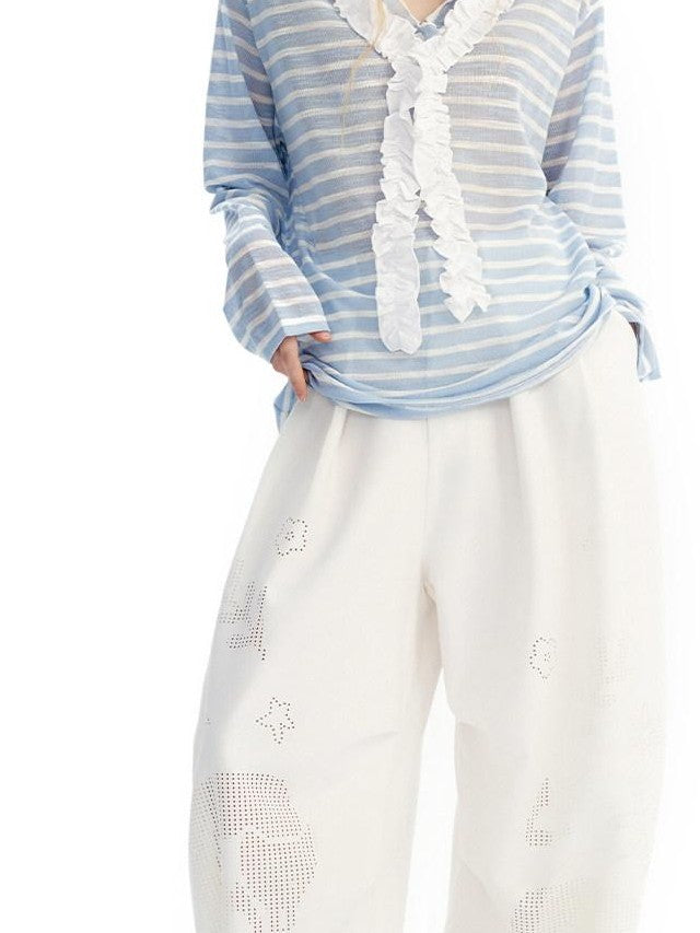 OuttheBlue Blue Striped Lace Trim Spliced V-neck Women&