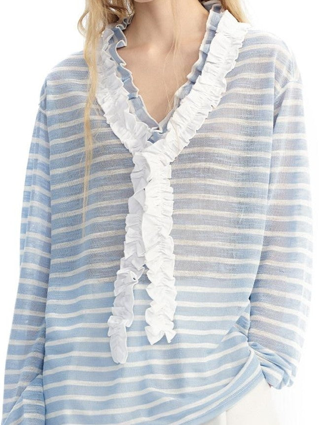 OuttheBlue Blue Striped Lace Trim Spliced V-neck Women&