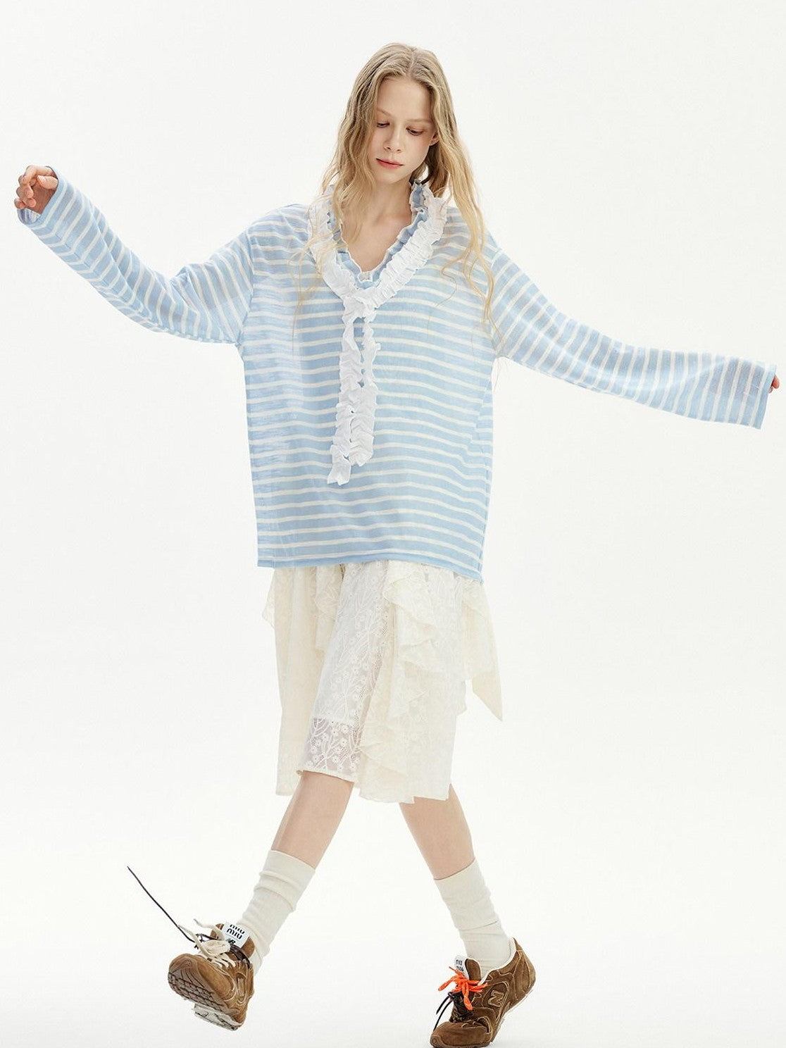 OuttheBlue Blue Striped Lace Trim Spliced V-neck Women&