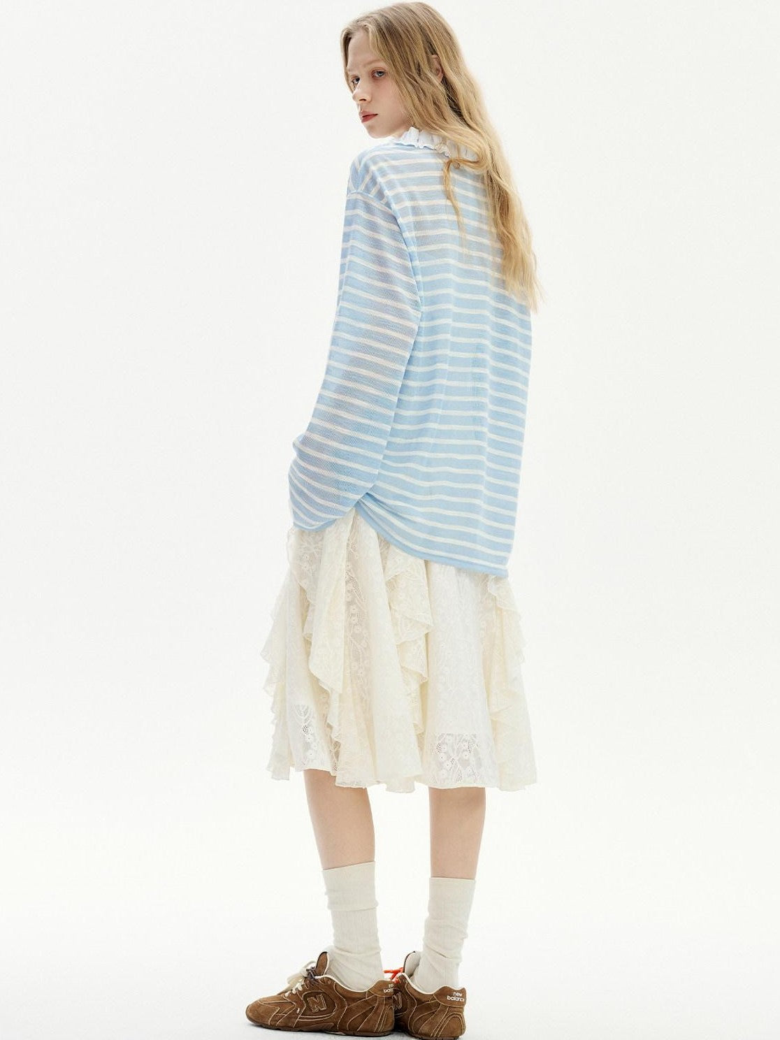 OuttheBlue Blue Striped Lace Trim Spliced V-neck Women&