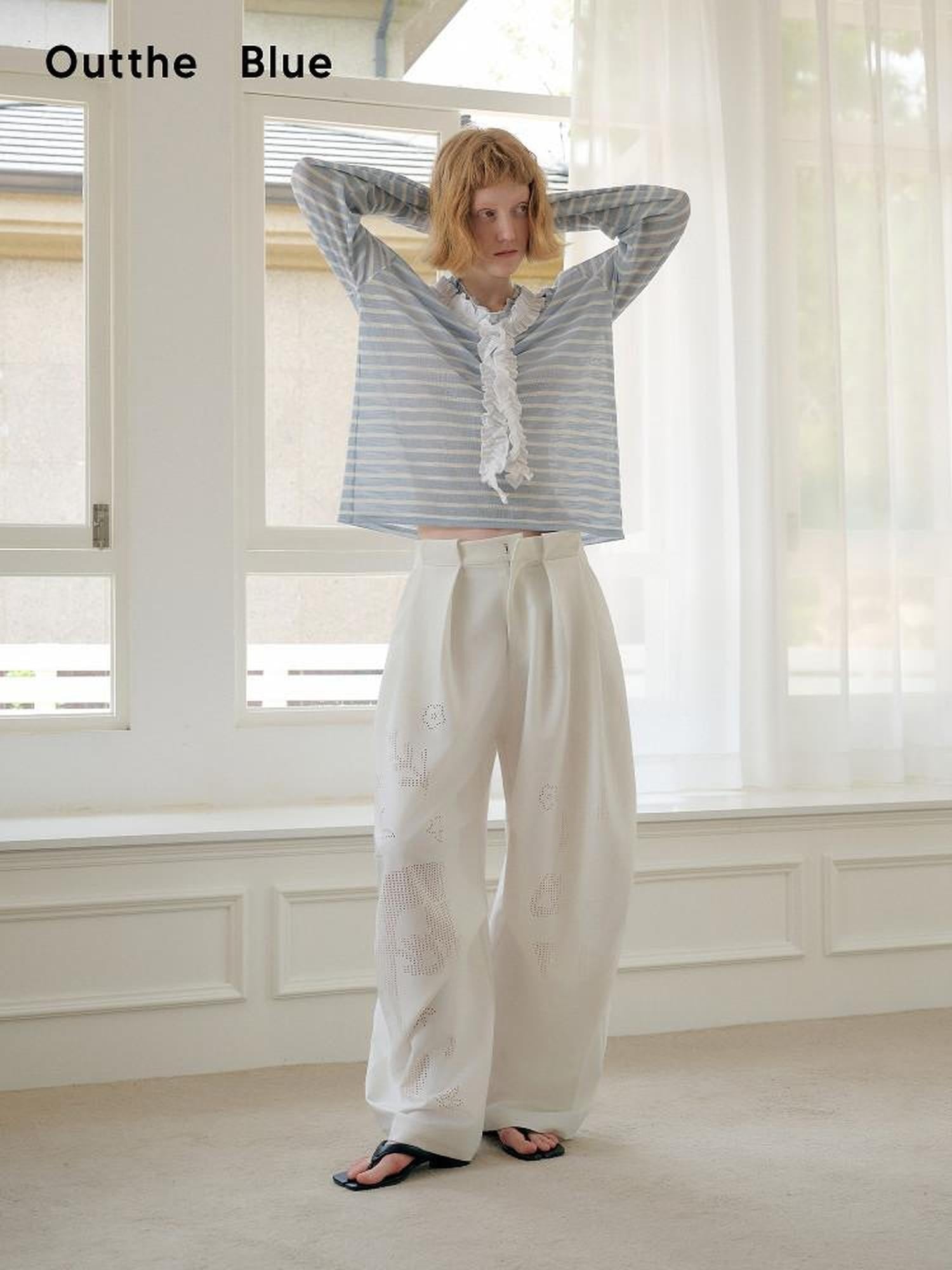 OuttheBlue Blue Striped Lace Trim Spliced V-neck Women&
