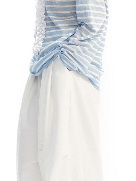 OuttheBlue Blue Striped Lace Trim Spliced V-neck Women&