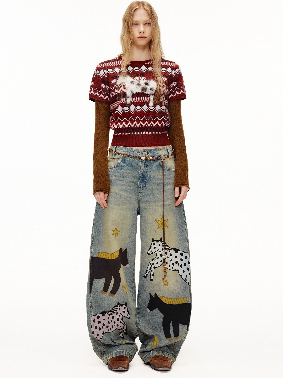 OuttheBlue Bordeaux Bear Print Layered Casual Cropped Short Sleeve Crew Neck Women Sweater