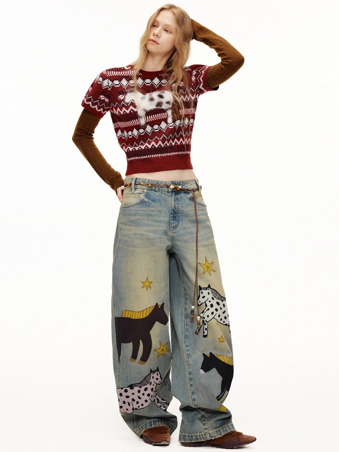 OuttheBlue Bordeaux Bear Print Layered Casual Cropped Short Sleeve Crew Neck Women Sweater