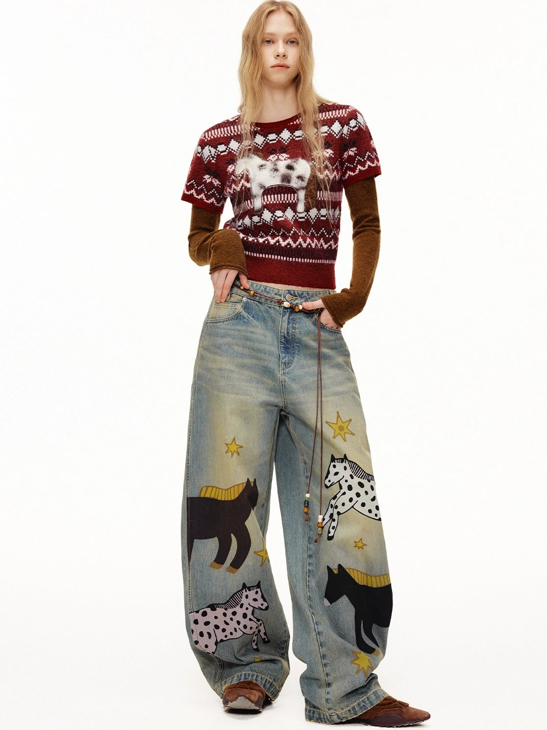 OuttheBlue Bordeaux Bear Print Layered Casual Cropped Short Sleeve Crew Neck Women Sweater