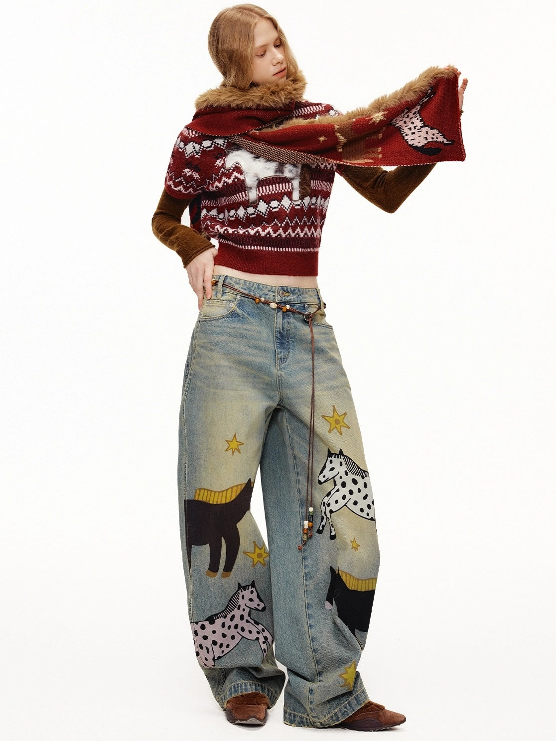 OuttheBlue Bordeaux Bear Print Layered Casual Cropped Short Sleeve Crew Neck Women Sweater