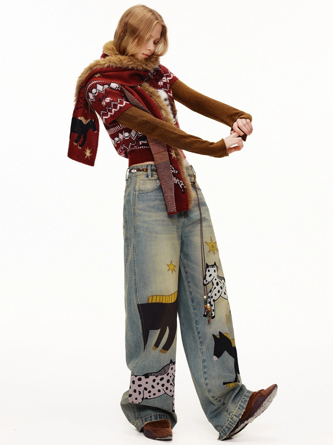 OuttheBlue Bordeaux Bear Print Layered Casual Cropped Short Sleeve Crew Neck Women Sweater