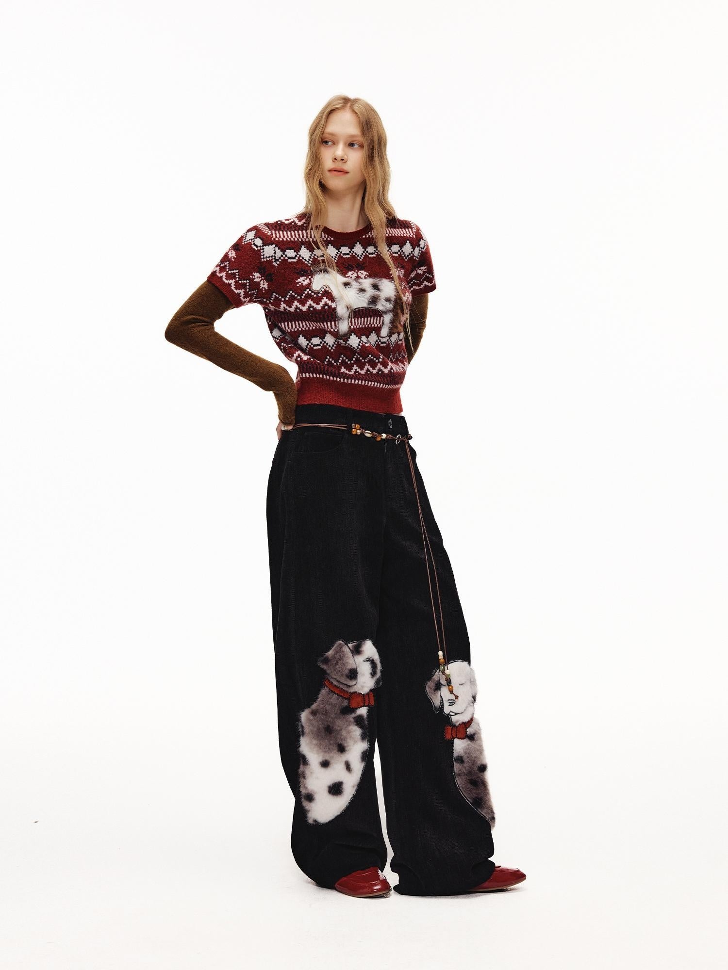 OuttheBlue Bordeaux Bear Print Layered Casual Cropped Short Sleeve Crew Neck Women Sweater