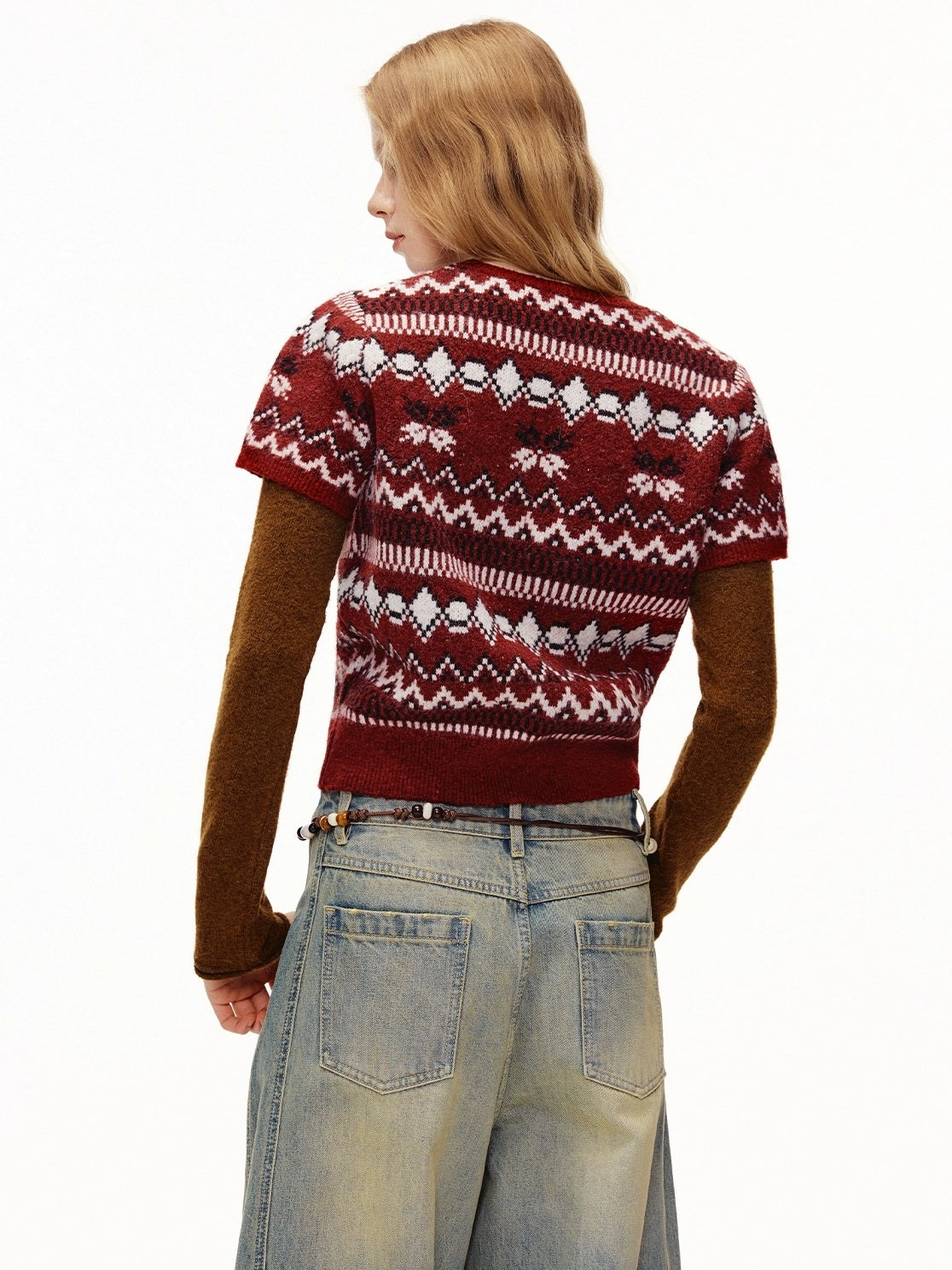 OuttheBlue Bordeaux Bear Print Layered Casual Cropped Short Sleeve Crew Neck Women Sweater