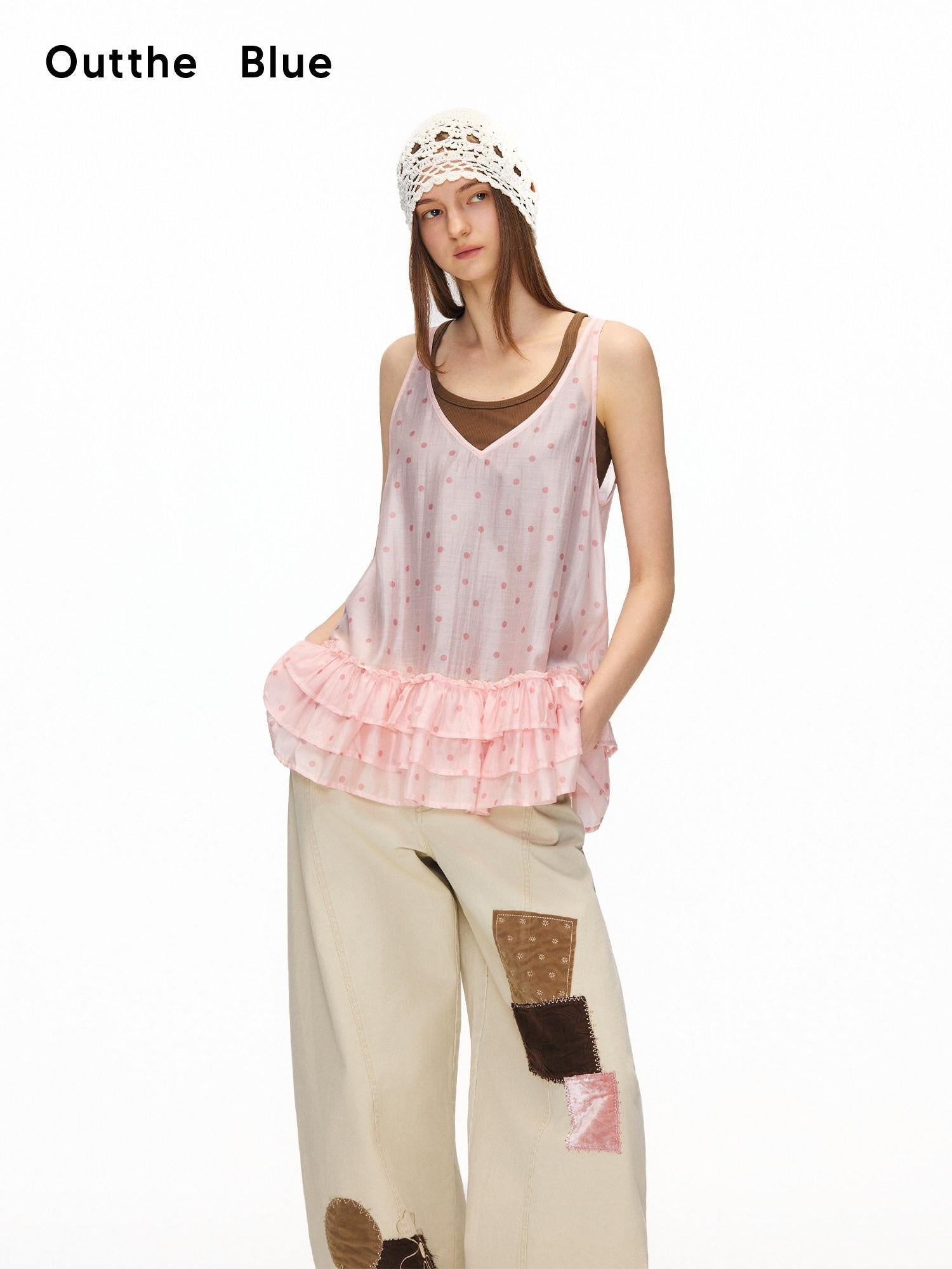 OuttheBlue Breathable Printed Lyocell A Line Slim Strap Loose Pink Polka Dot Camisoles