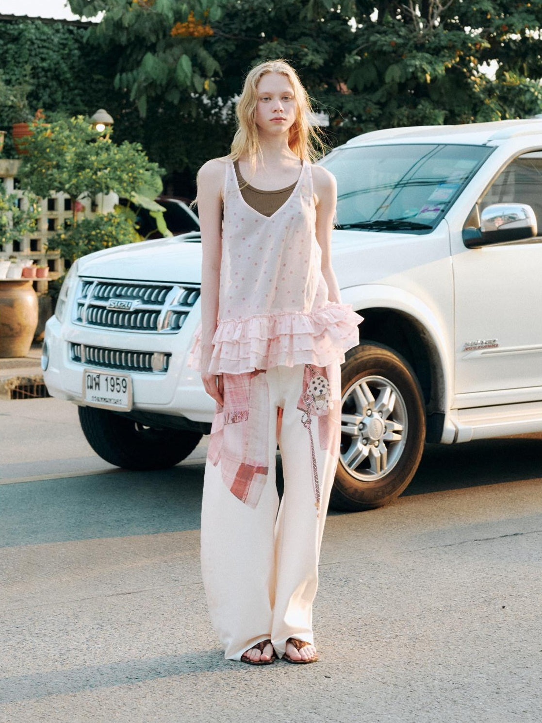 OuttheBlue Breathable Printed Lyocell A Line Slim Strap Loose Pink Polka Dot Camisoles