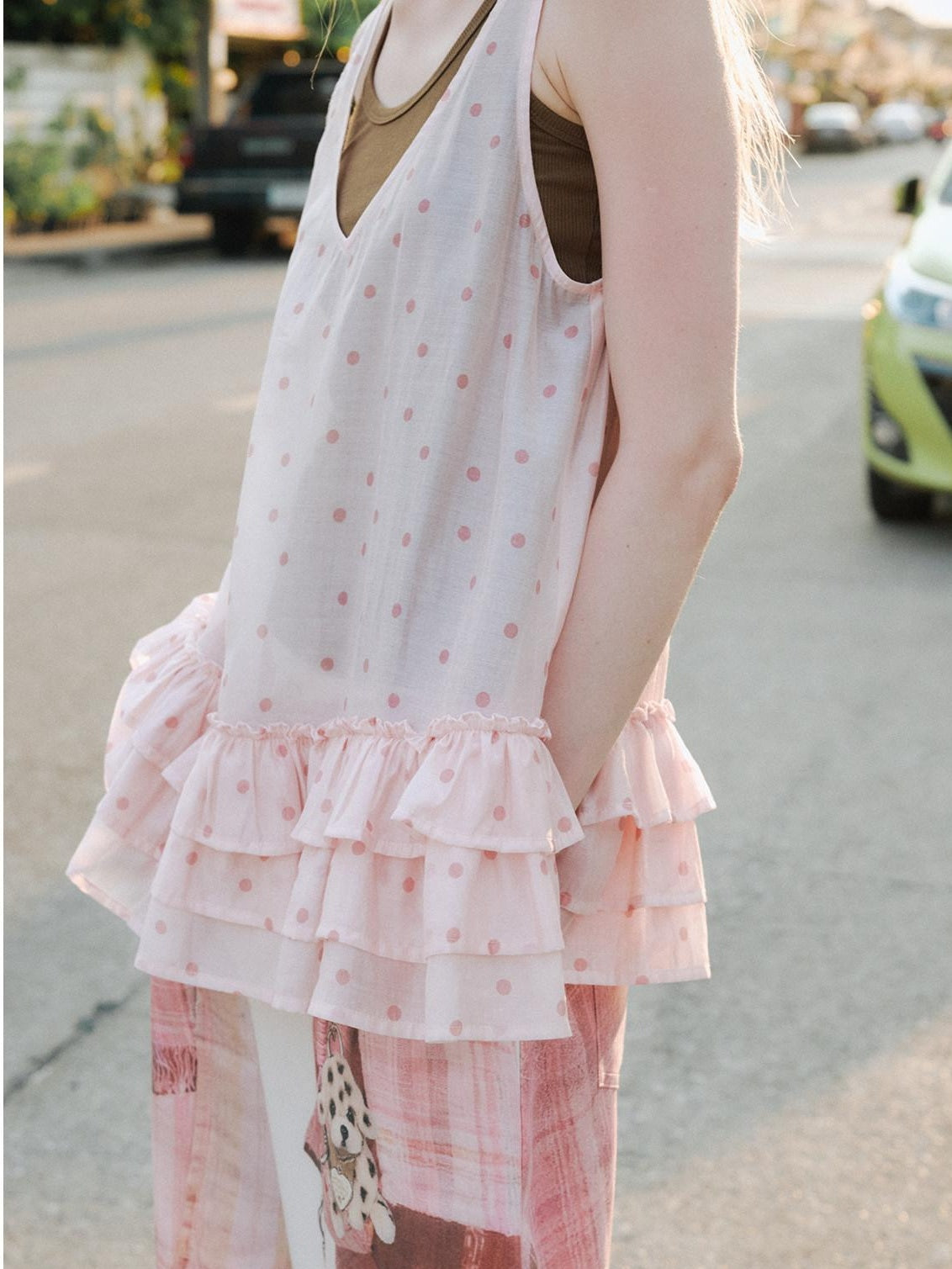 OuttheBlue Breathable Printed Lyocell A Line Slim Strap Loose Pink Polka Dot Camisoles
