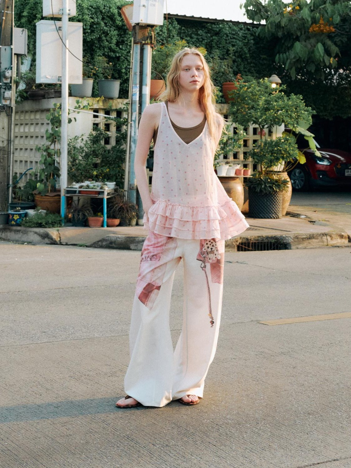 OuttheBlue Breathable Printed Lyocell A Line Slim Strap Loose Pink Polka Dot Camisoles