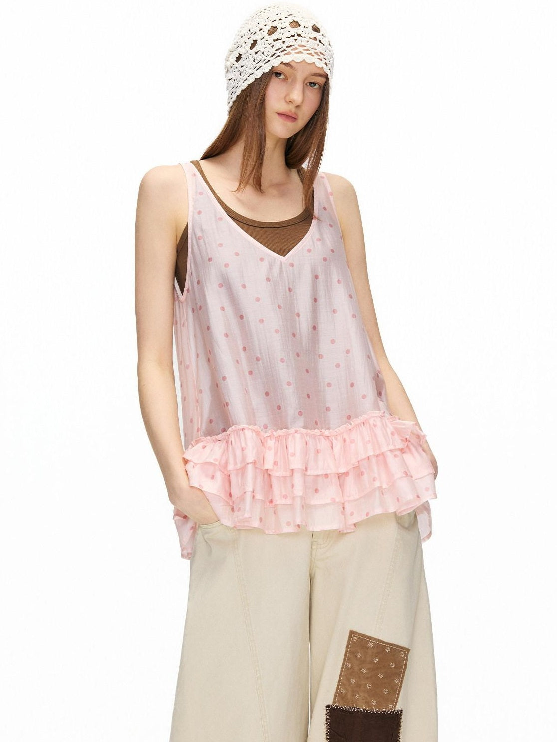 OuttheBlue Breathable Printed Lyocell A Line Slim Strap Loose Pink Polka Dot Camisoles
