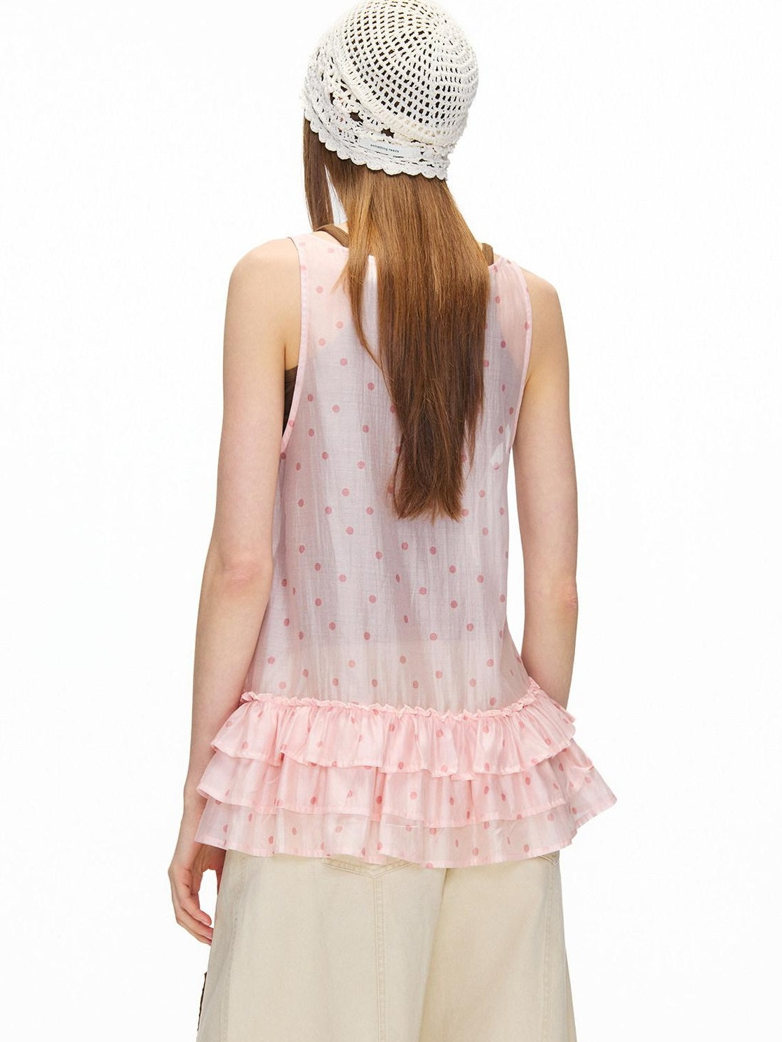 OuttheBlue Breathable Printed Lyocell A Line Slim Strap Loose Pink Polka Dot Camisoles