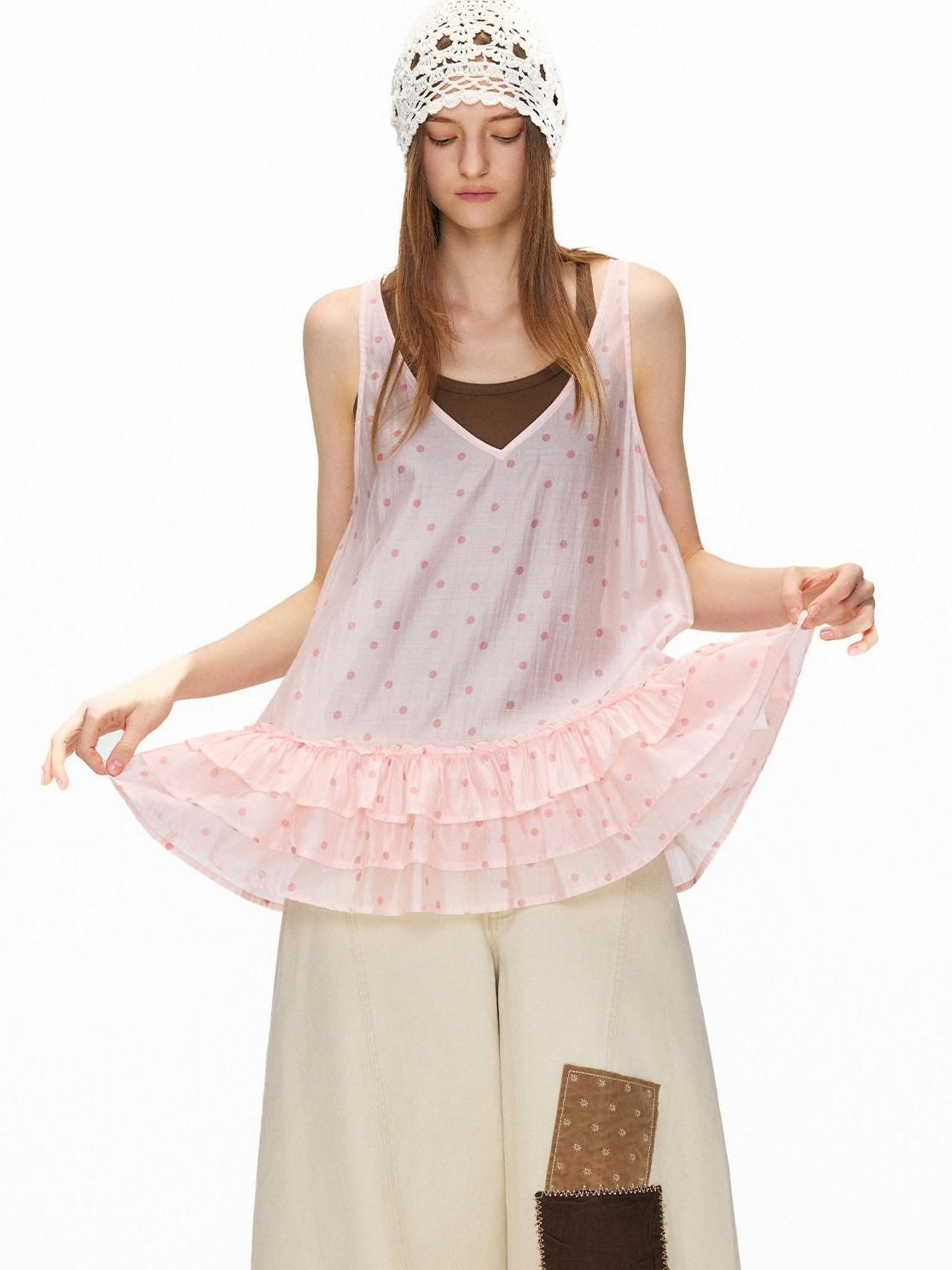 OuttheBlue Breathable Printed Lyocell A Line Slim Strap Loose Pink Polka Dot Camisoles
