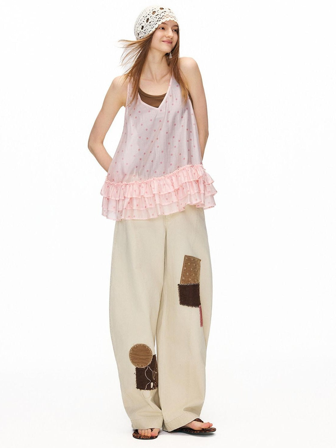 OuttheBlue Breathable Printed Lyocell A Line Slim Strap Loose Pink Polka Dot Camisoles