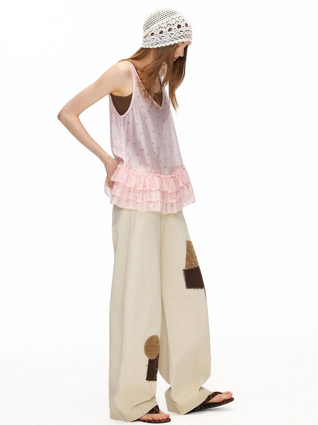 OuttheBlue Breathable Printed Lyocell A Line Slim Strap Loose Pink Polka Dot Camisoles