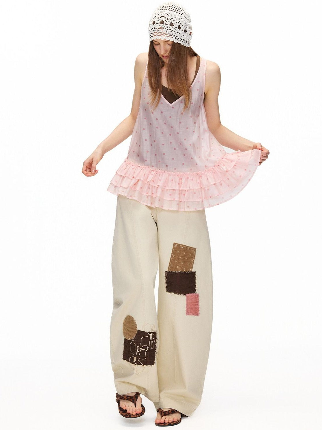 OuttheBlue Breathable Printed Lyocell A Line Slim Strap Loose Pink Polka Dot Camisoles