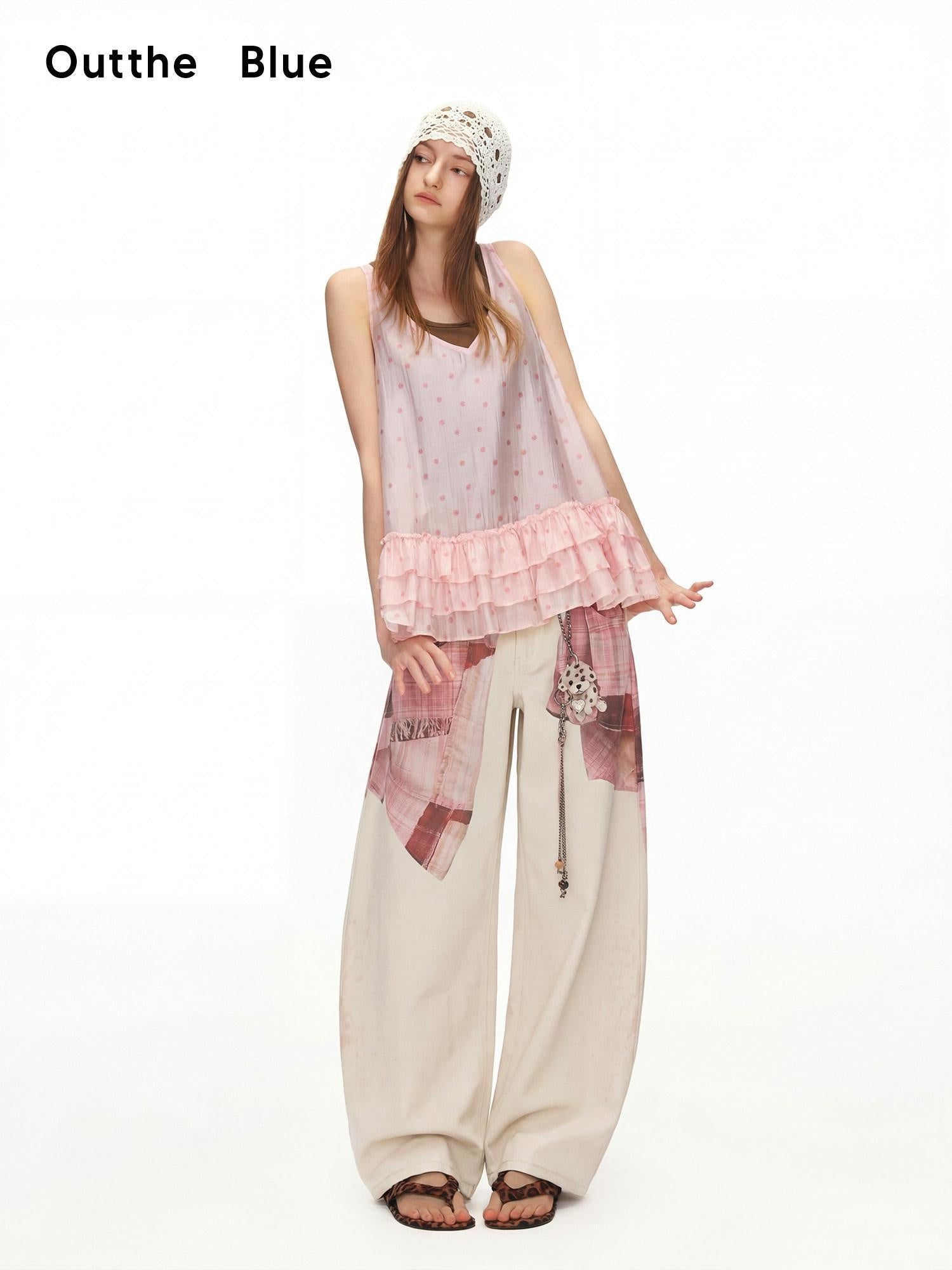 OuttheBlue Breathable Printed Lyocell A Line Slim Strap Loose Pink Polka Dot Camisoles