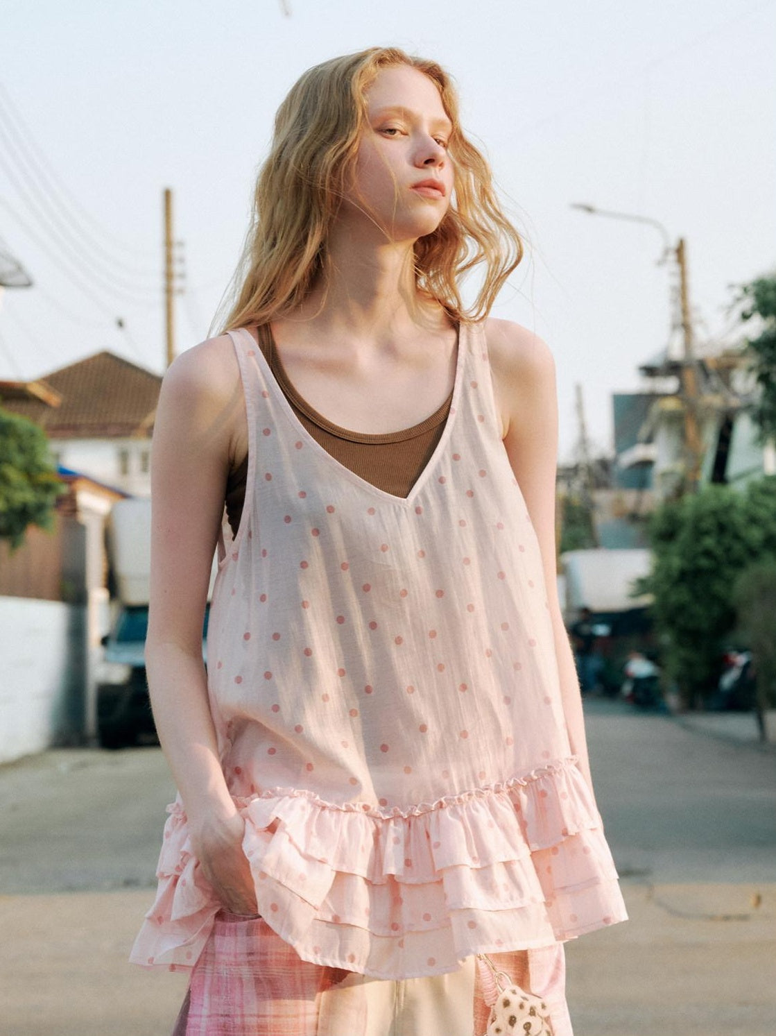 OuttheBlue Breathable Printed Lyocell A Line Slim Strap Loose Pink Polka Dot Camisoles