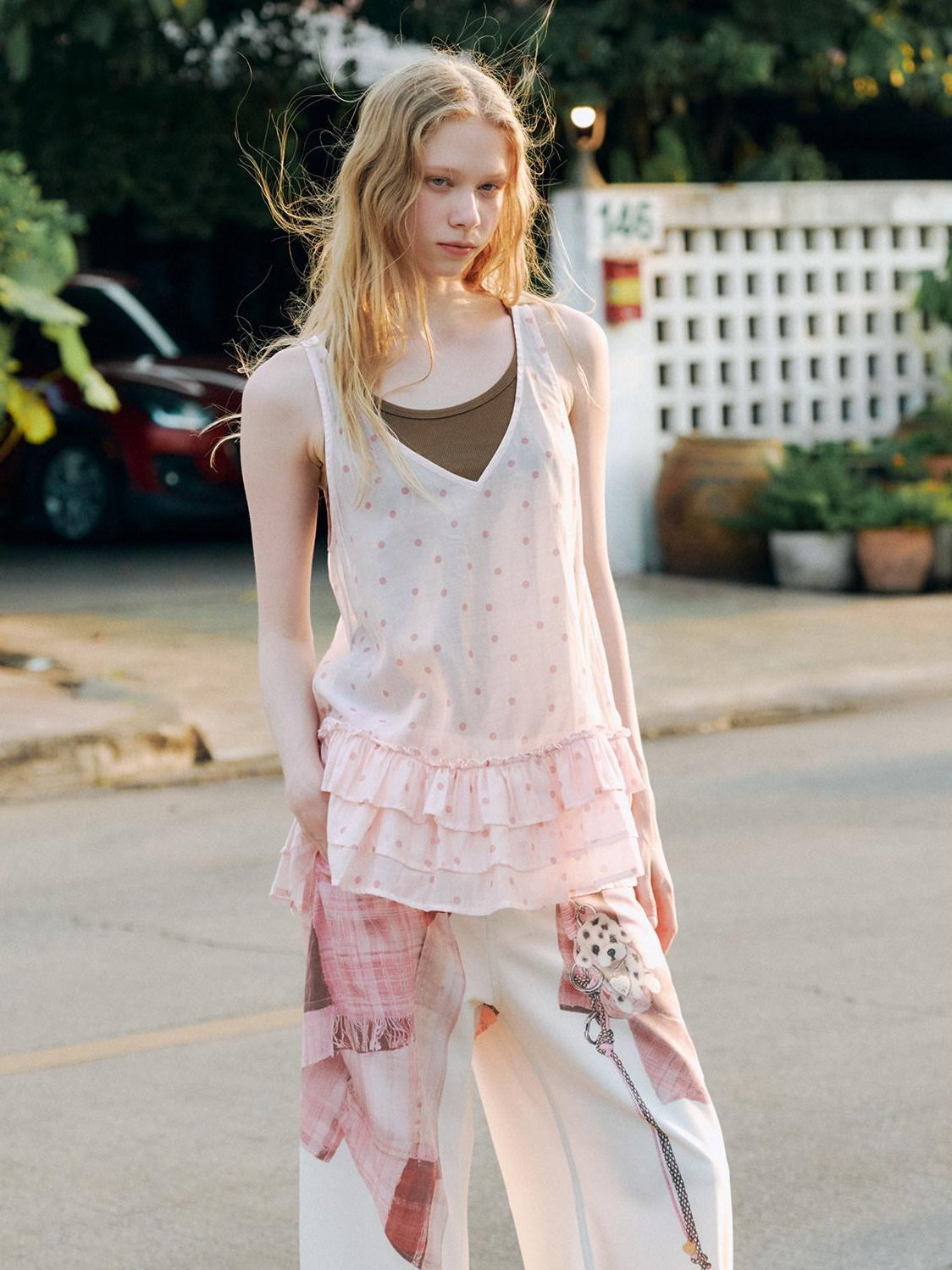 OuttheBlue Breathable Printed Lyocell A Line Slim Strap Loose Pink Polka Dot Camisoles
