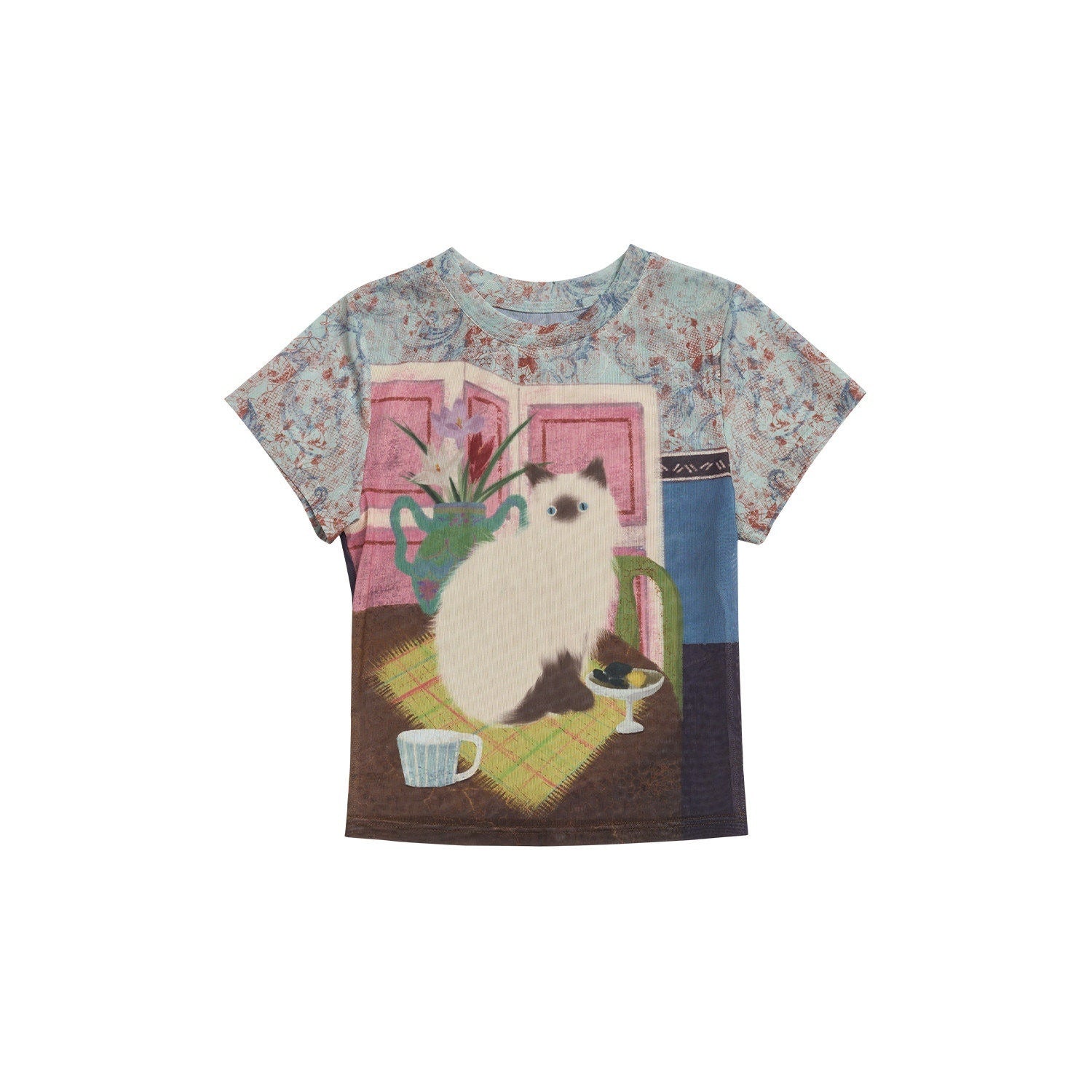 OuttheBlue Breathable Vintage Printed Slim Crop Crewneck Stretch Short Sleeve T-Shirts
