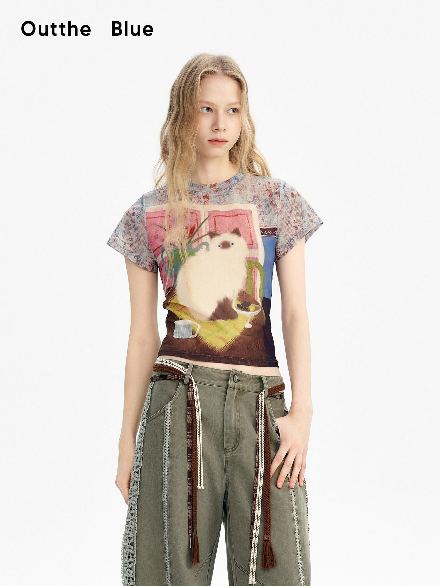 OuttheBlue Breathable Vintage Printed Slim Crop Crewneck Stretch Short Sleeve T-Shirts