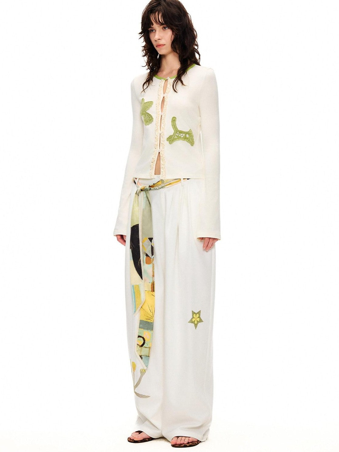 OuttheBlue Bud Green Bird Embroidered Slim Cardigan Women&