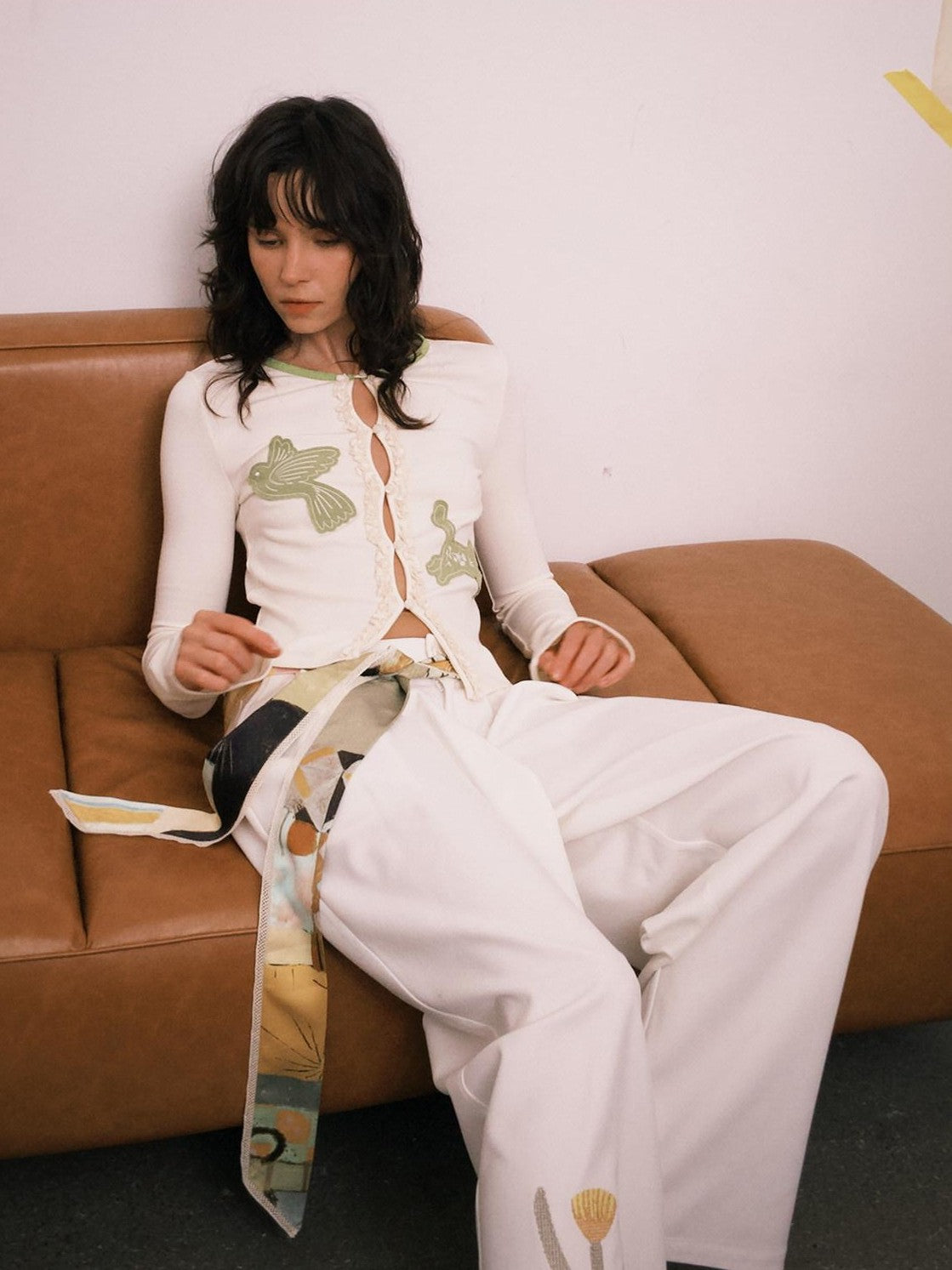 OuttheBlue Bud Green Bird Embroidered Slim Cardigan Women&