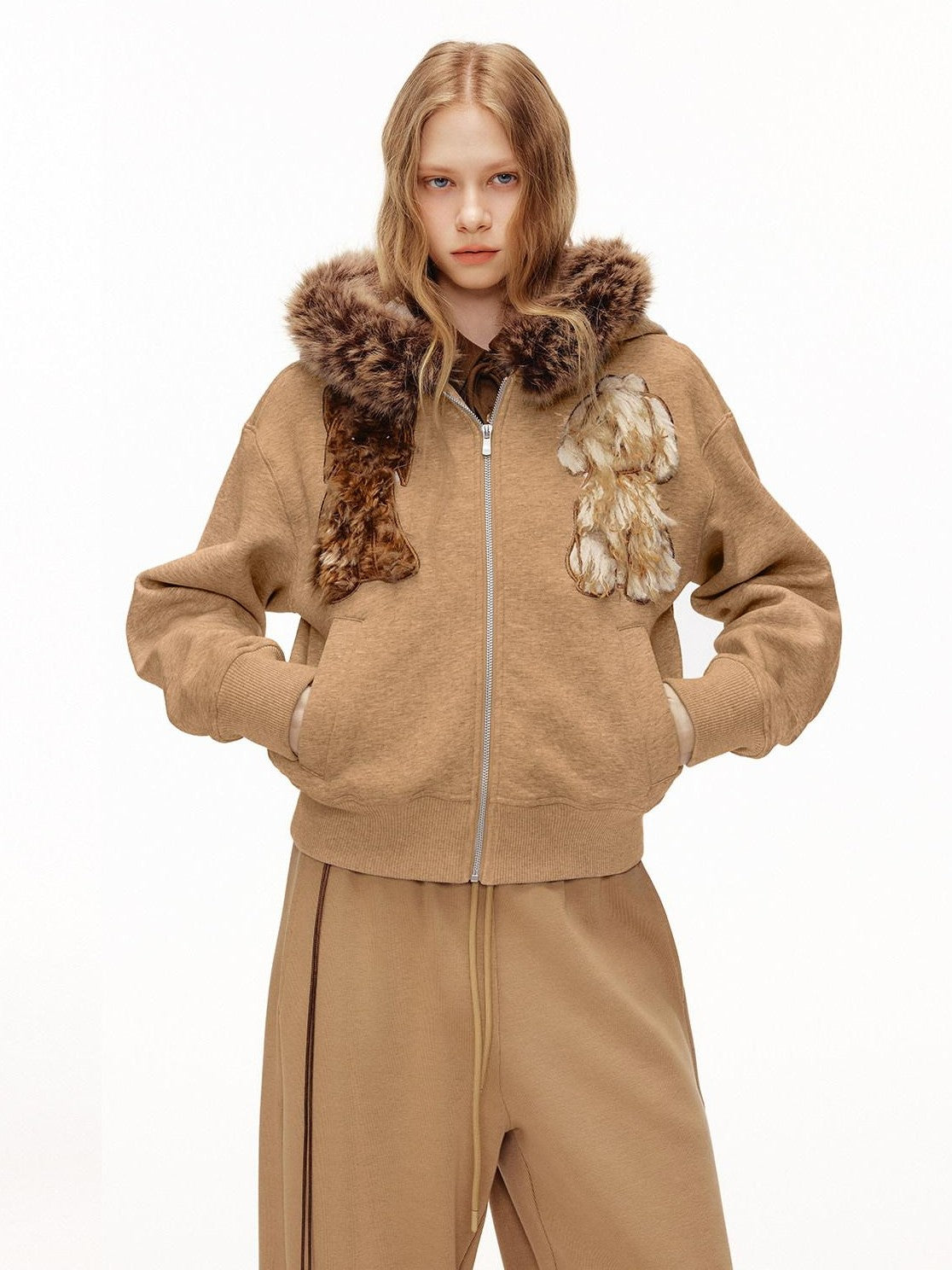 OuttheBlue Camel Dog Applique Embroidery Faux Fur Hood Women&