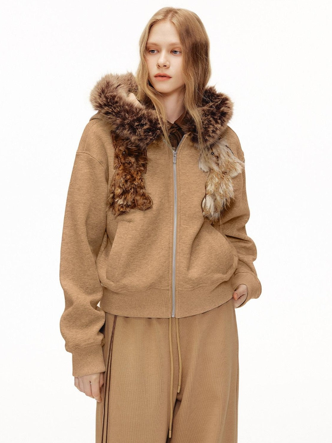 OuttheBlue Camel Dog Applique Embroidery Faux Fur Hood Women&