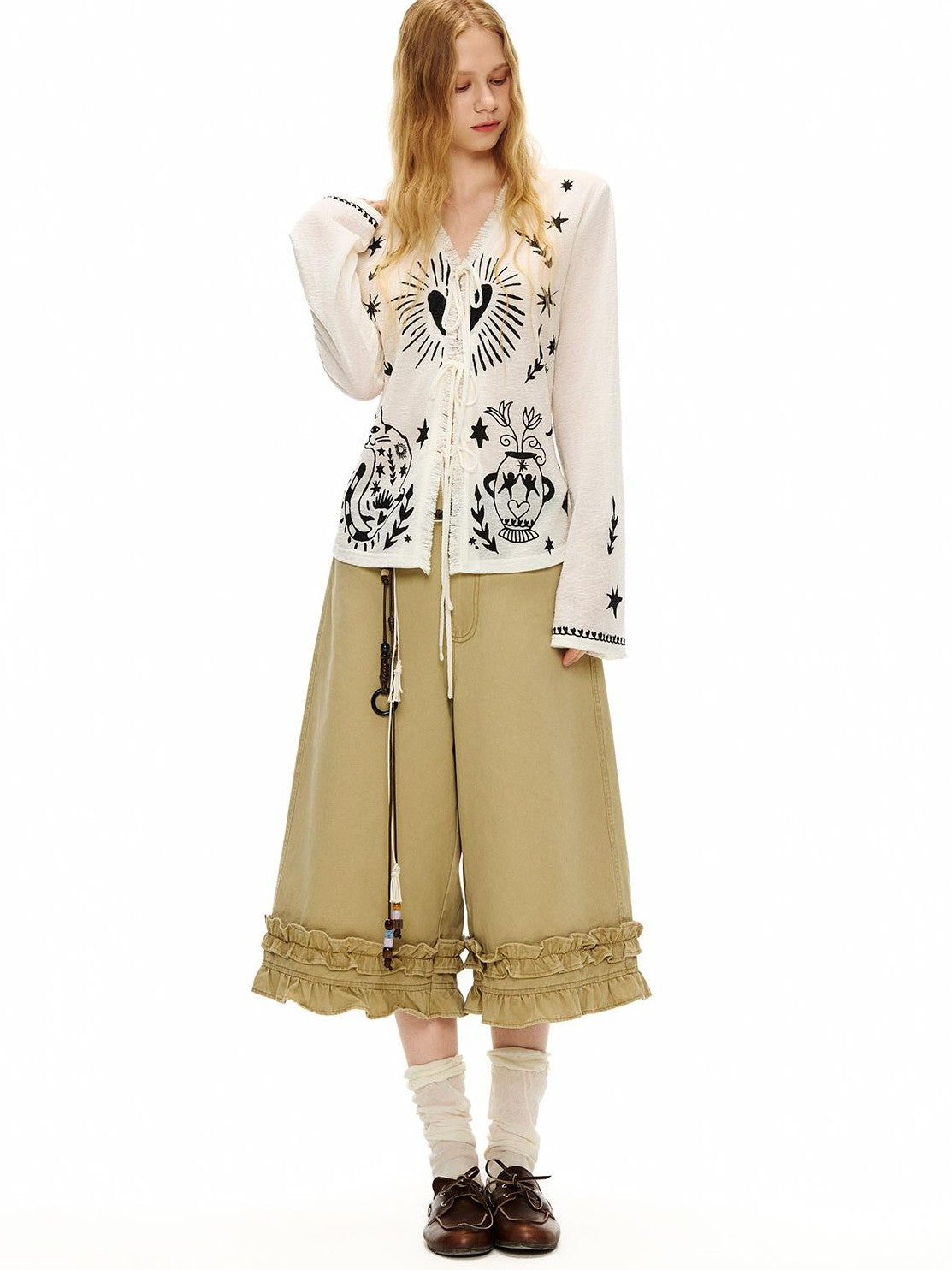OuttheBlue Cartoon Print Fitted Waist Lightweight Knit Women&