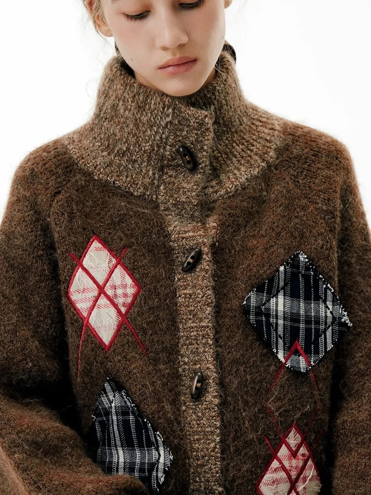 OuttheBlue Cat Cafe Diamond Patchwork High Neck Knit Cardigan