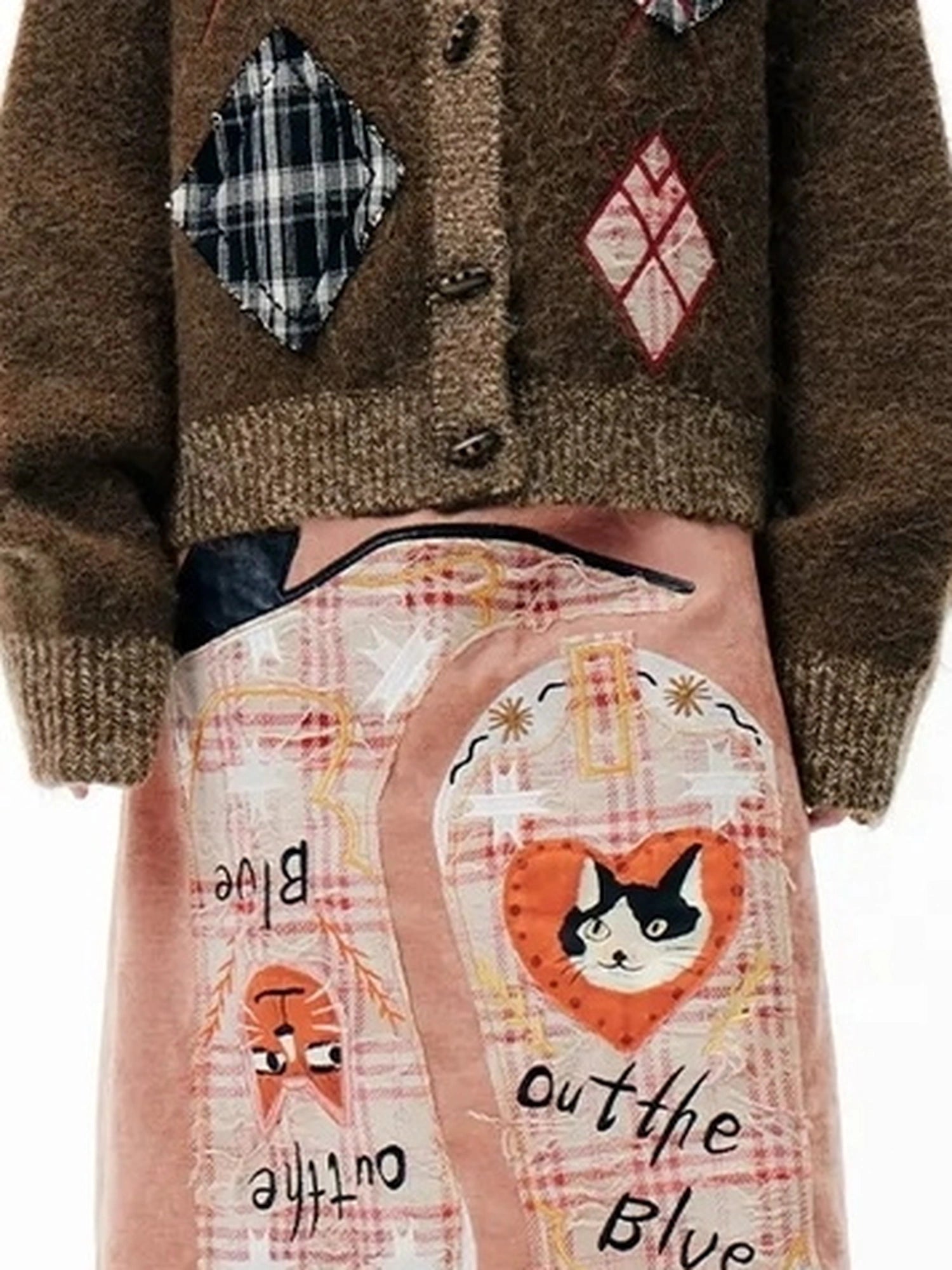 OuttheBlue Cat Cafe Diamond Patchwork High Neck Knit Cardigan