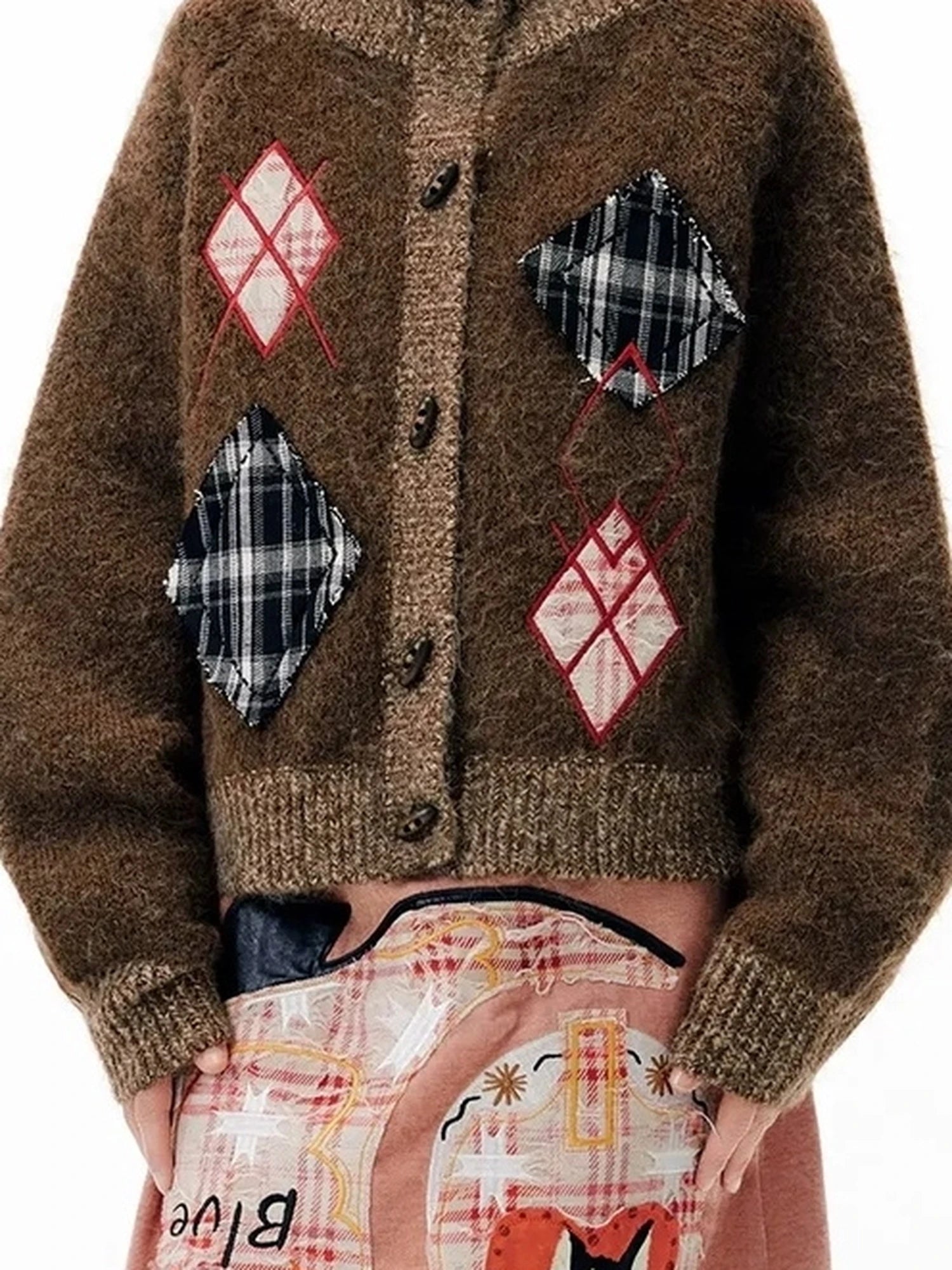 OuttheBlue Cat Cafe Diamond Patchwork High Neck Knit Cardigan