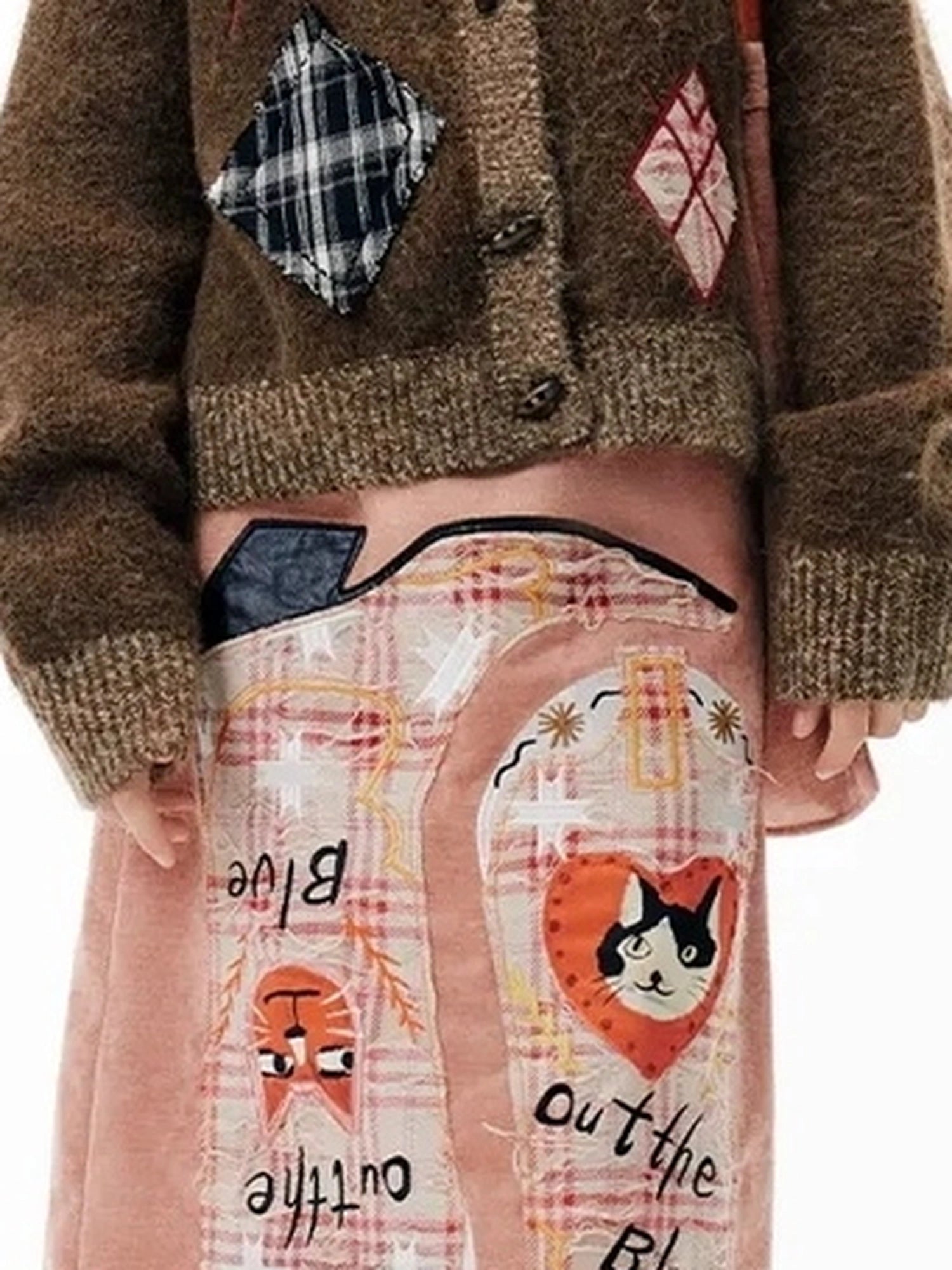 OuttheBlue Cat Cafe Diamond Patchwork High Neck Knit Cardigan
